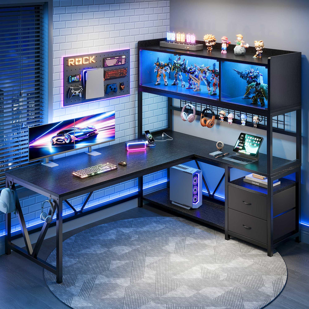 L-Shaped Gaming Desk with LED Cabinet, Drawers & Power Outlet