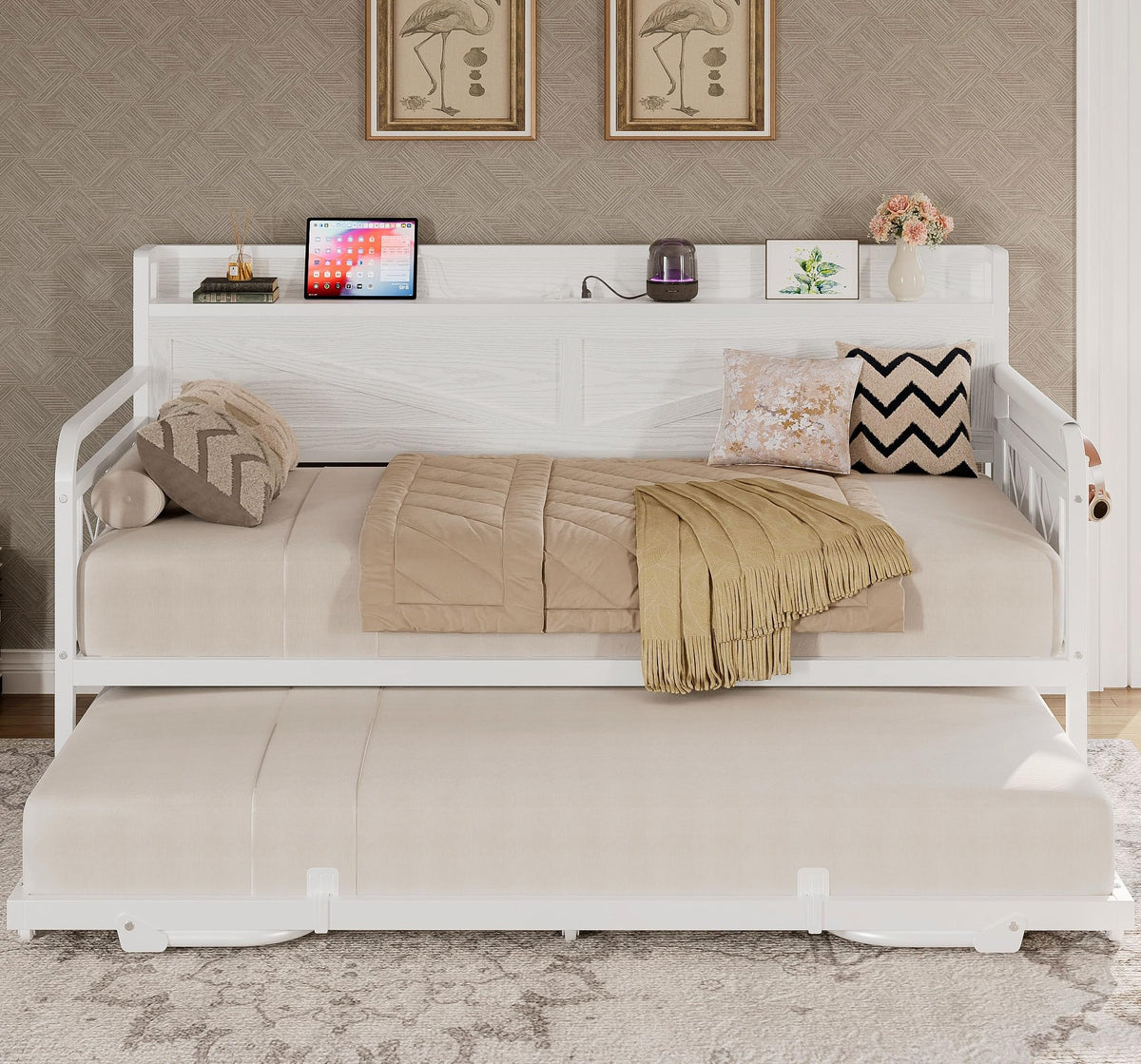 Twin Daybed with Pop-Up Trundle, Charging Station & Storage