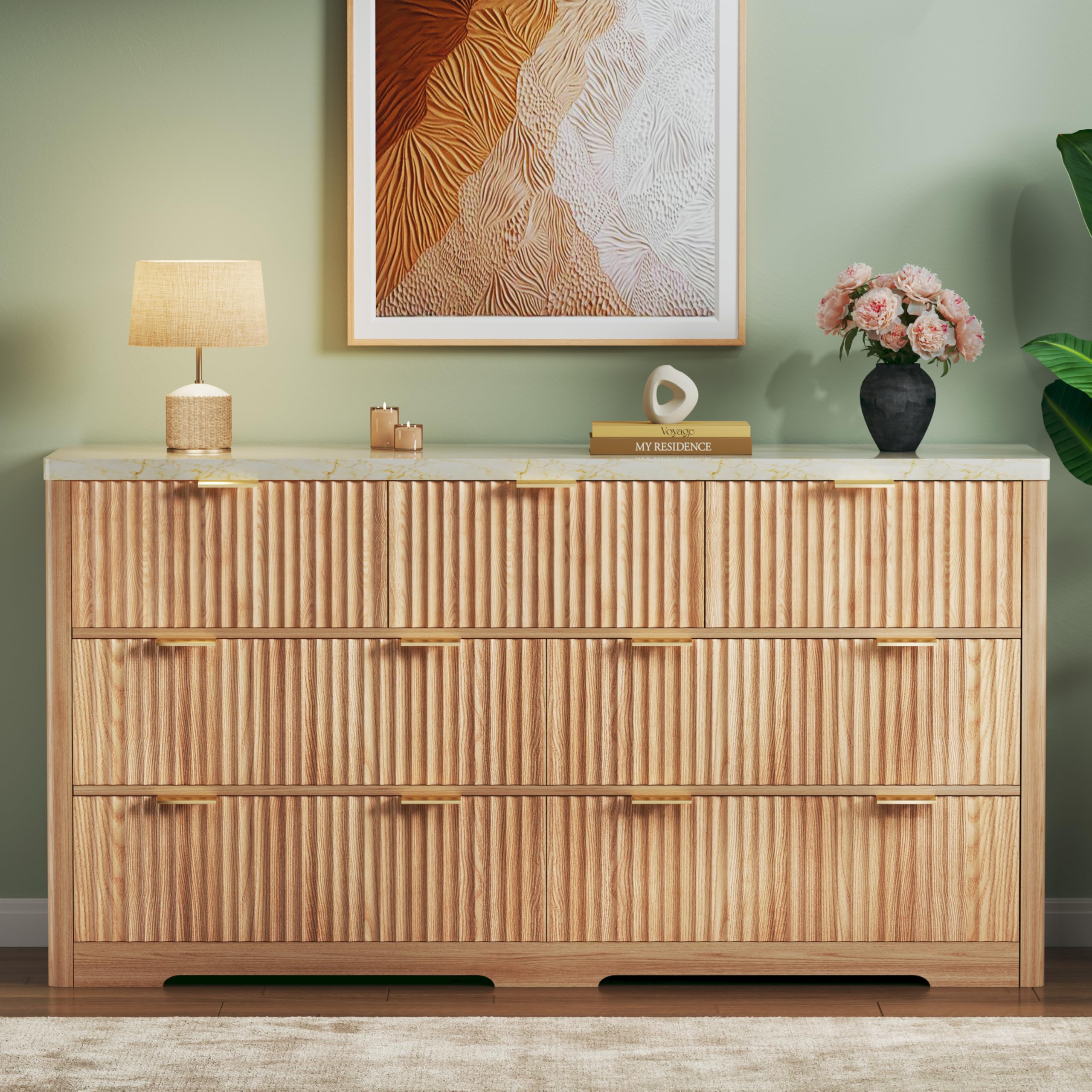 Fluted Dresser for Bedroom with 7 Drawers, 53'' Modern Dressers with Faux Marble Top