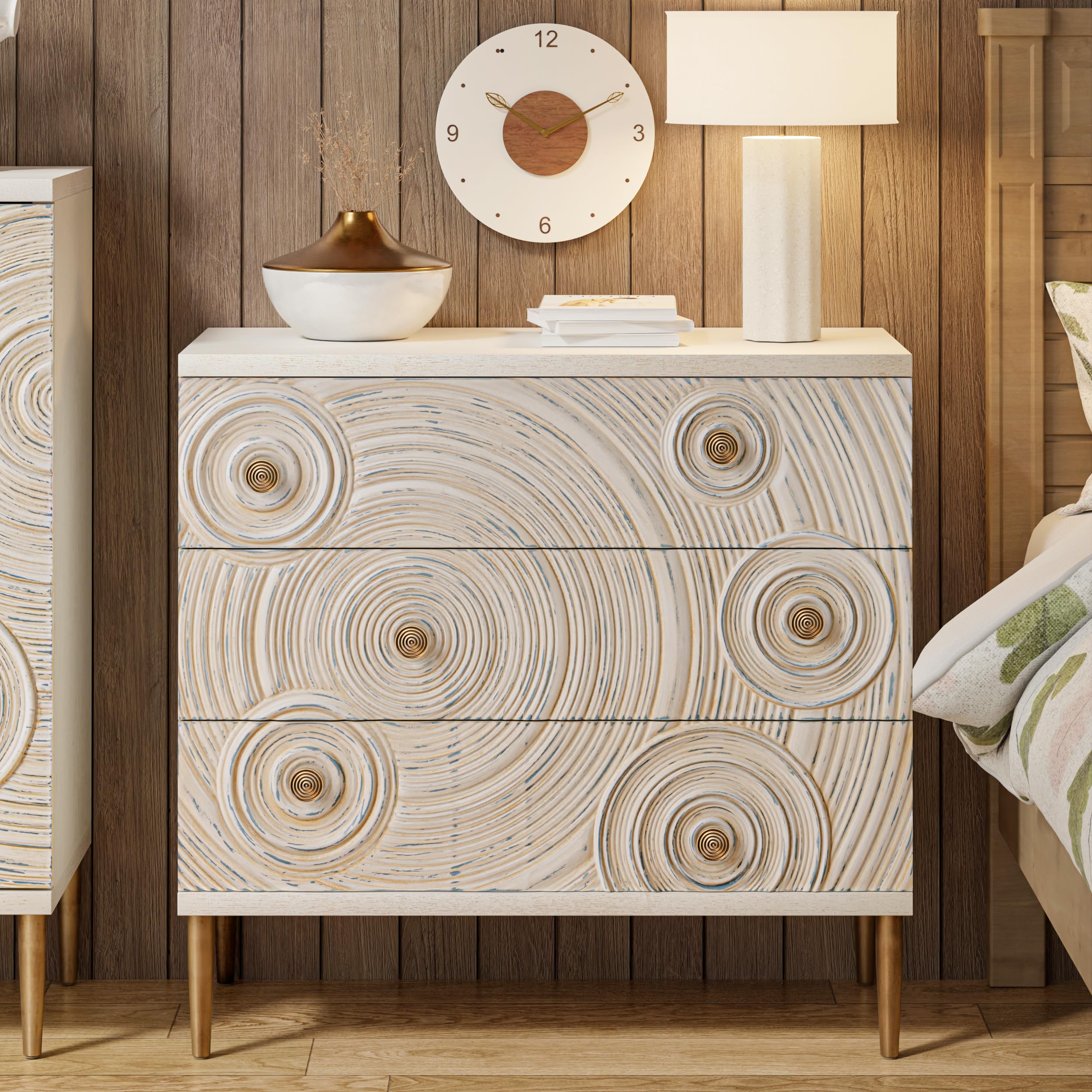 Aoikax Farmhouse 3 Drawer Dresser with Ring Motif, Disstressed Embossed Nightstand for Bedroom, Entryway, French Country, Boho, White & Gold