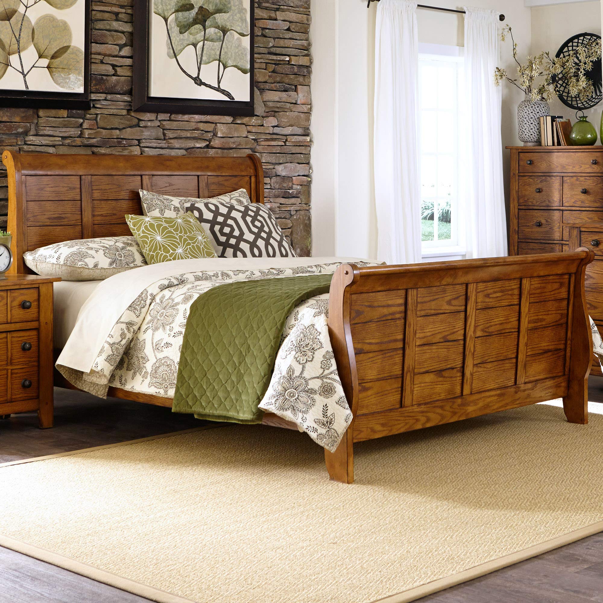 Liberty Furniture Industries Grandpa's Cabin Queen Sleigh Bed, Medium Brown Aged Oak