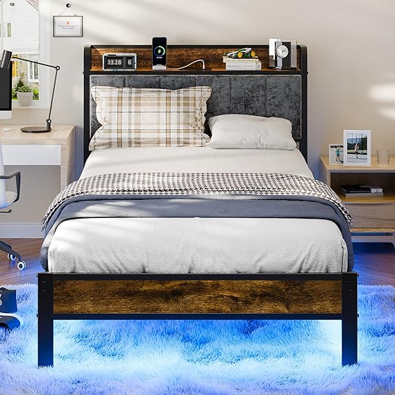 Bed Frame with Headboard, Metal Platform Bed with Smart LED Lights