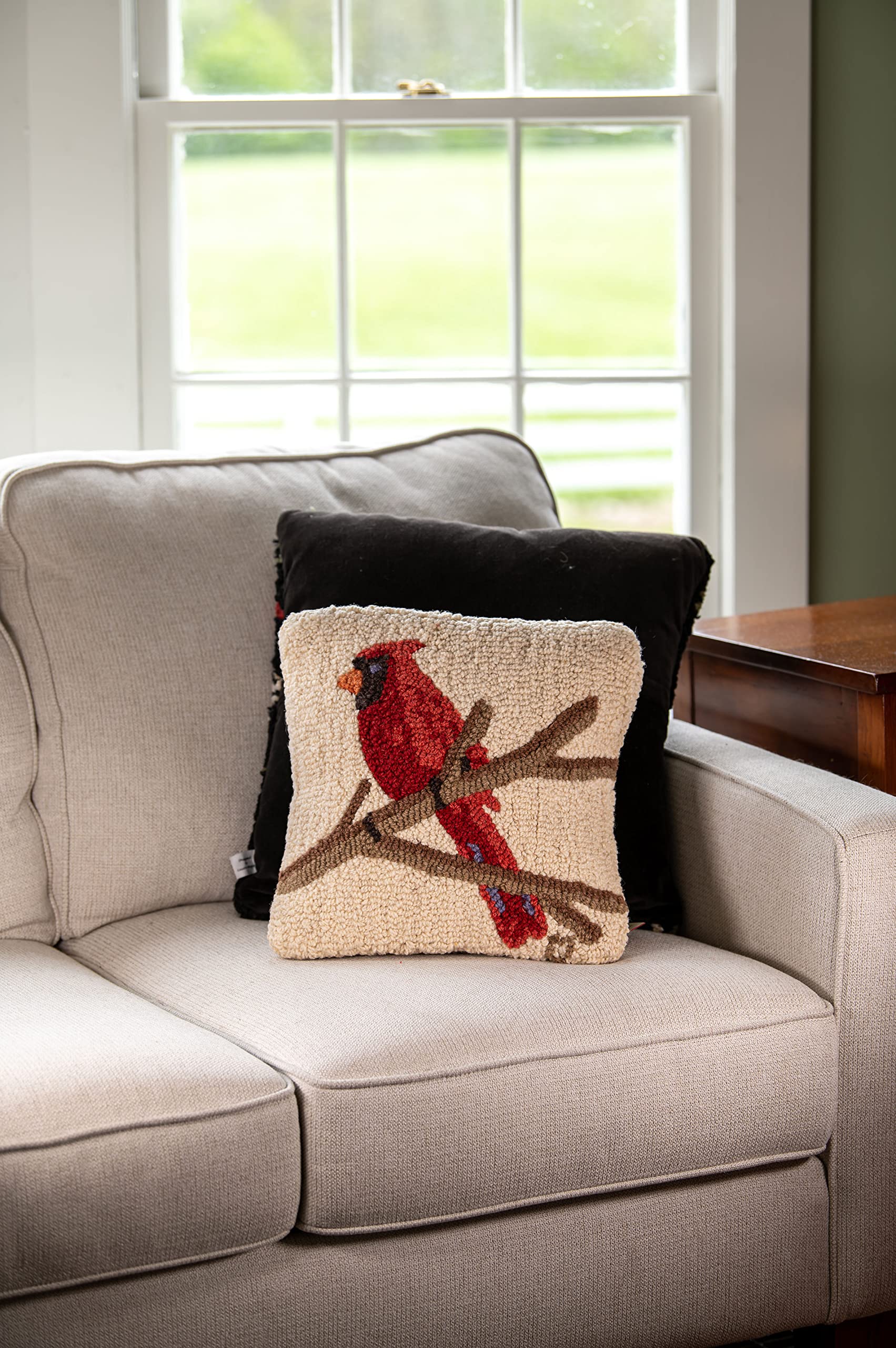 Artist-Designed Cardinal on White Hand-Hooked Wool Decorative
