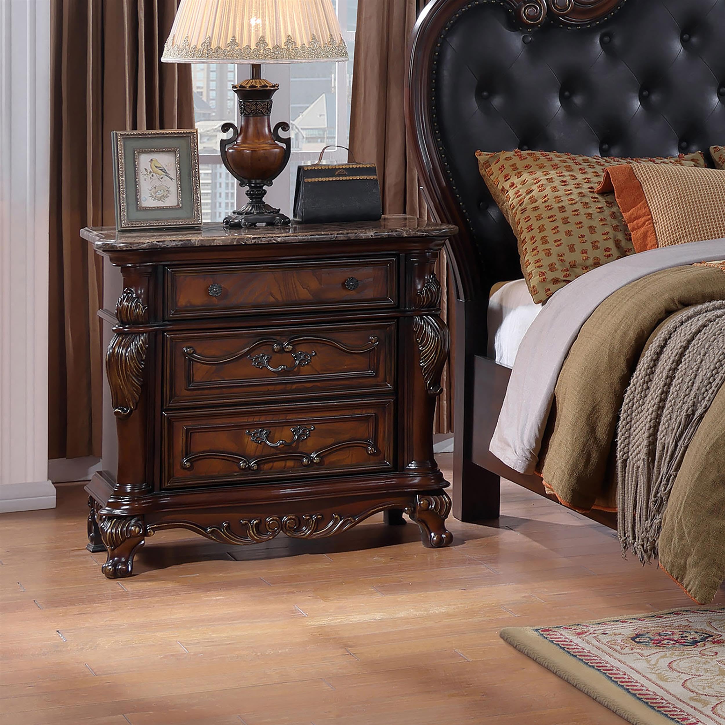 Agatha Traditional Solid Wood Nightstand with Drawers and Stone Top