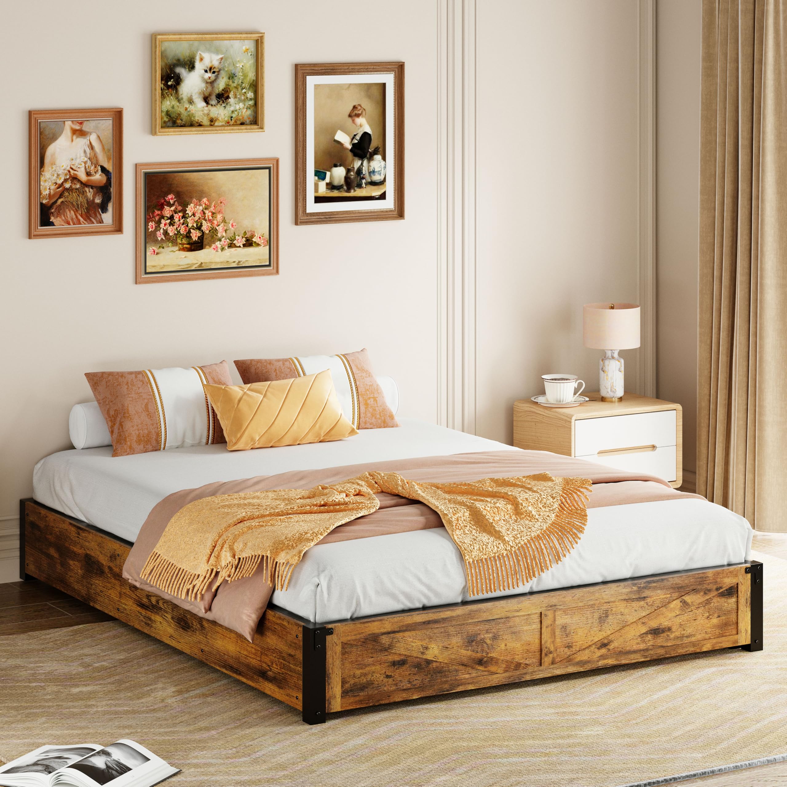 Platform Queen Size Bed Frame, Farmhouse Bed Frames with Lift Up Storage
