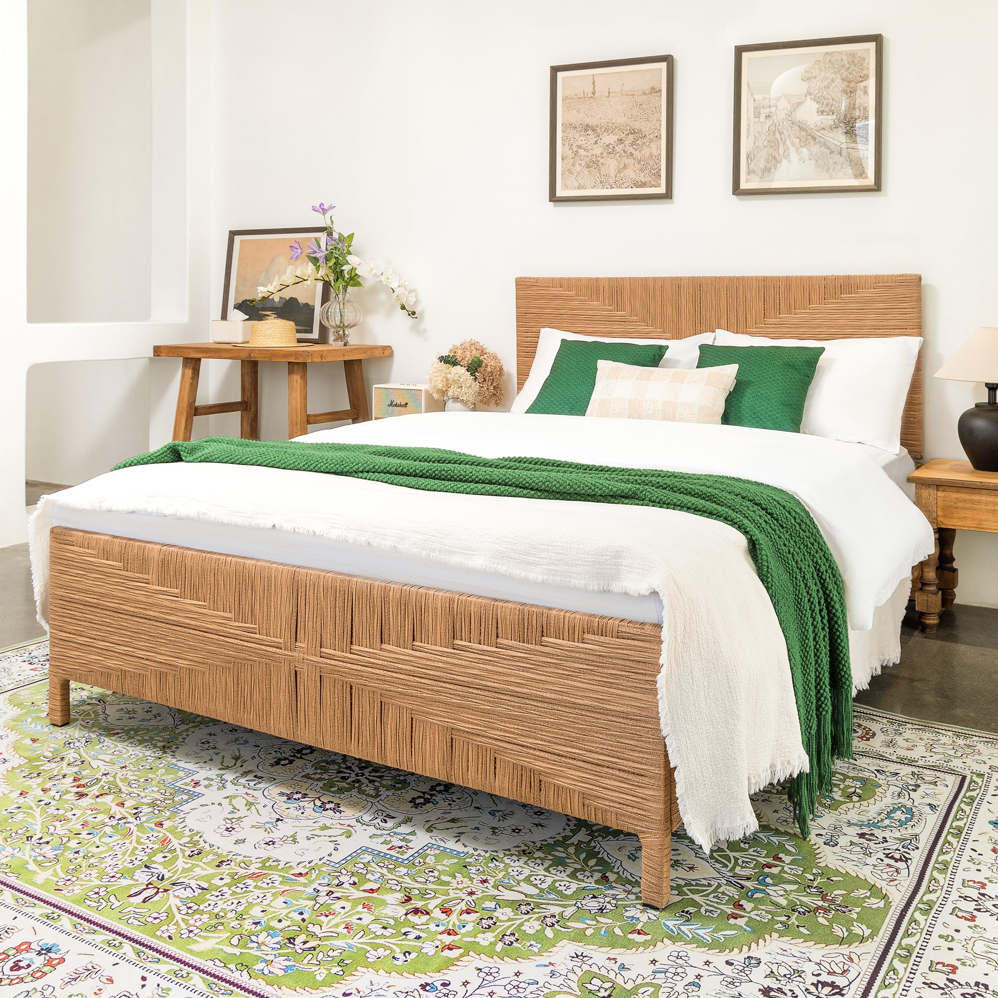 Rattan Boho Full Bed Frame with Headboard and Footboard, Hand-Woven