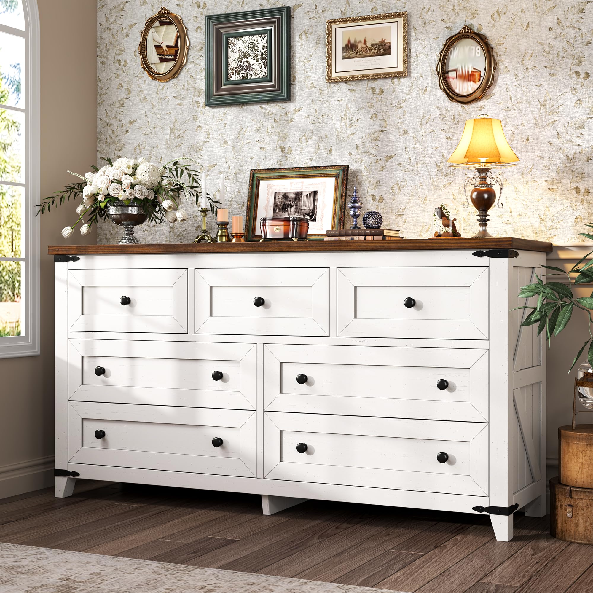 White Dresser, Farmhouse Dresser with Smooth Metal Rails, Wide Large Storage