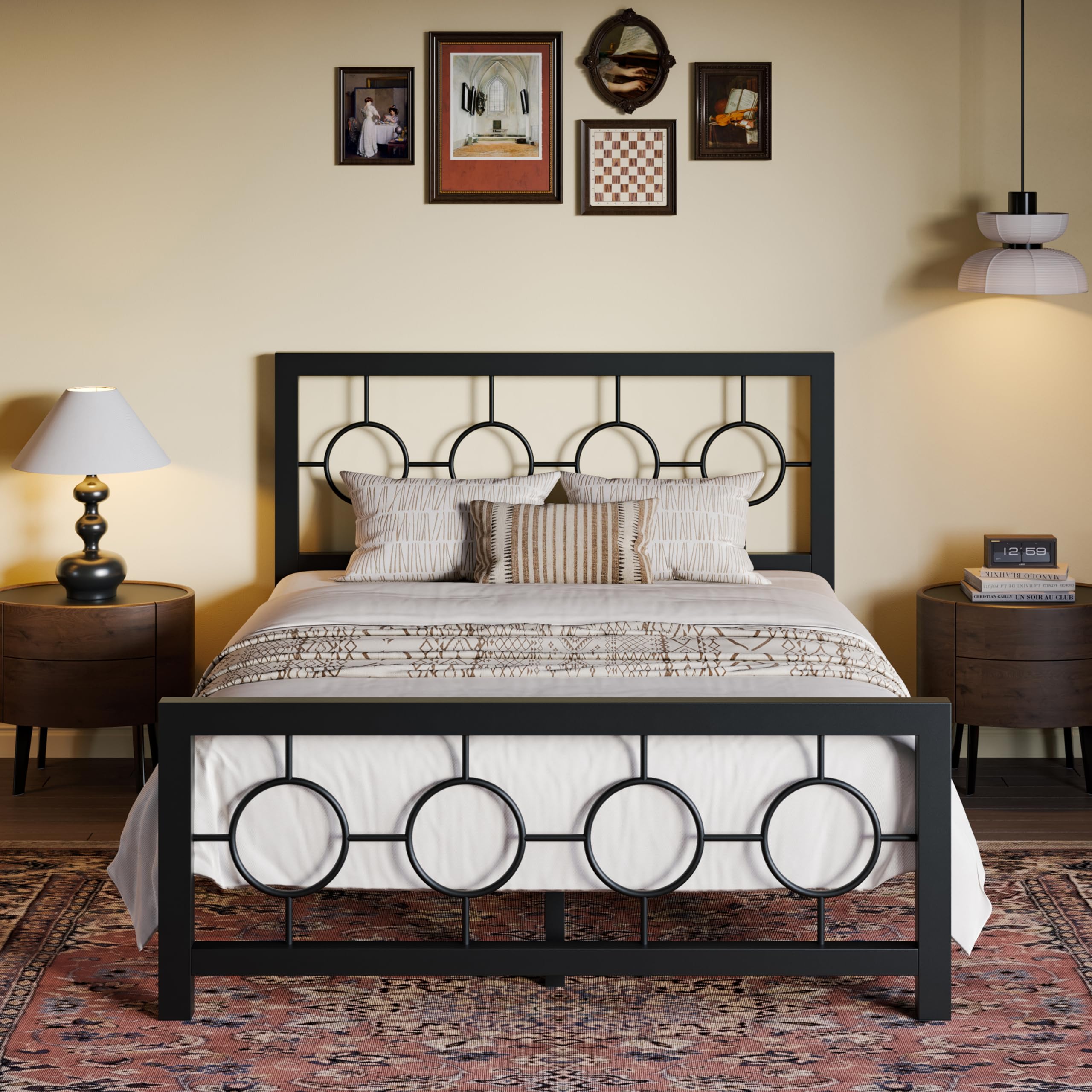 Full Size Metal Bed Frame with Vintage Circular Design Headboard