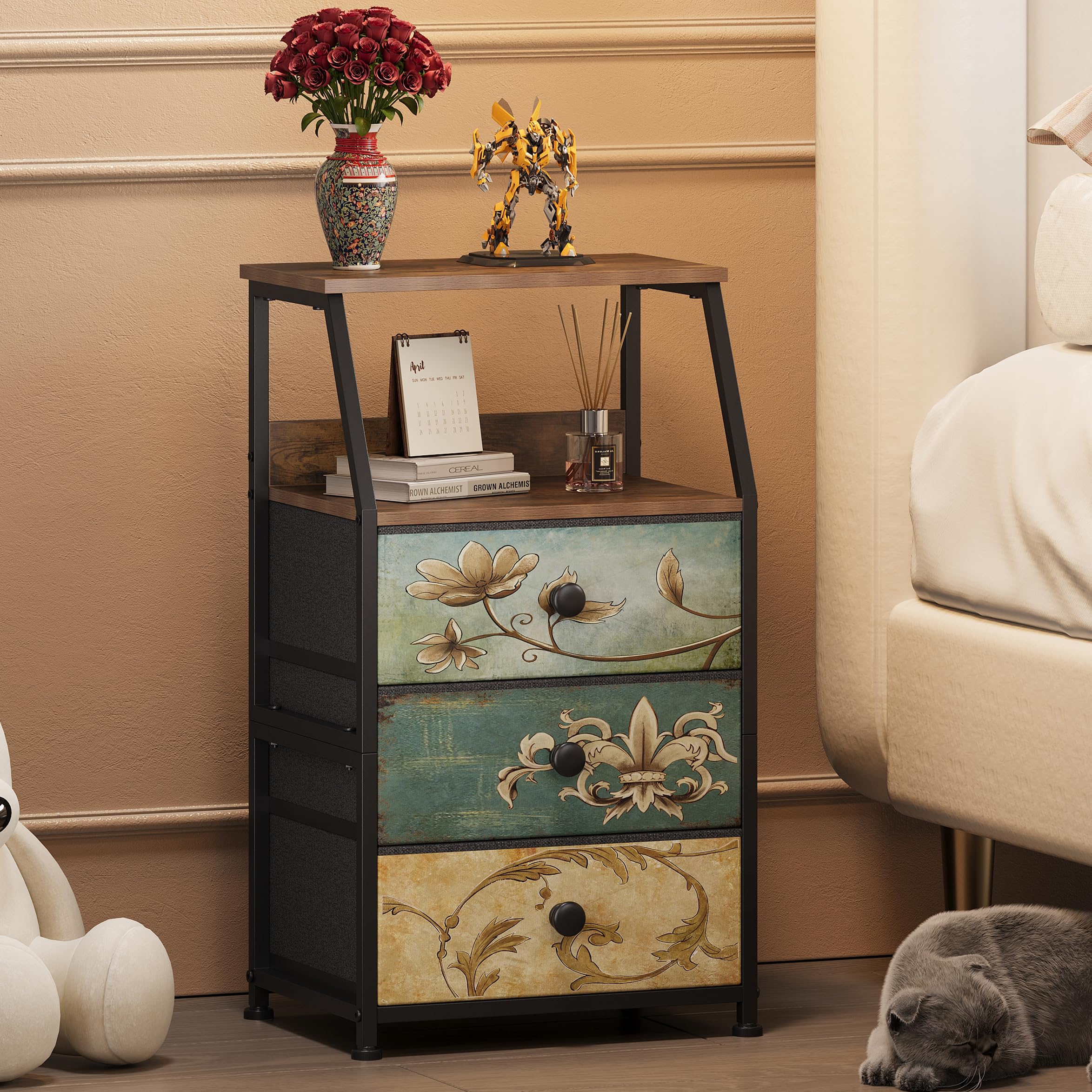 Dresser with Fabric Drawers Nightstand with 2 Tier Shelf Storage