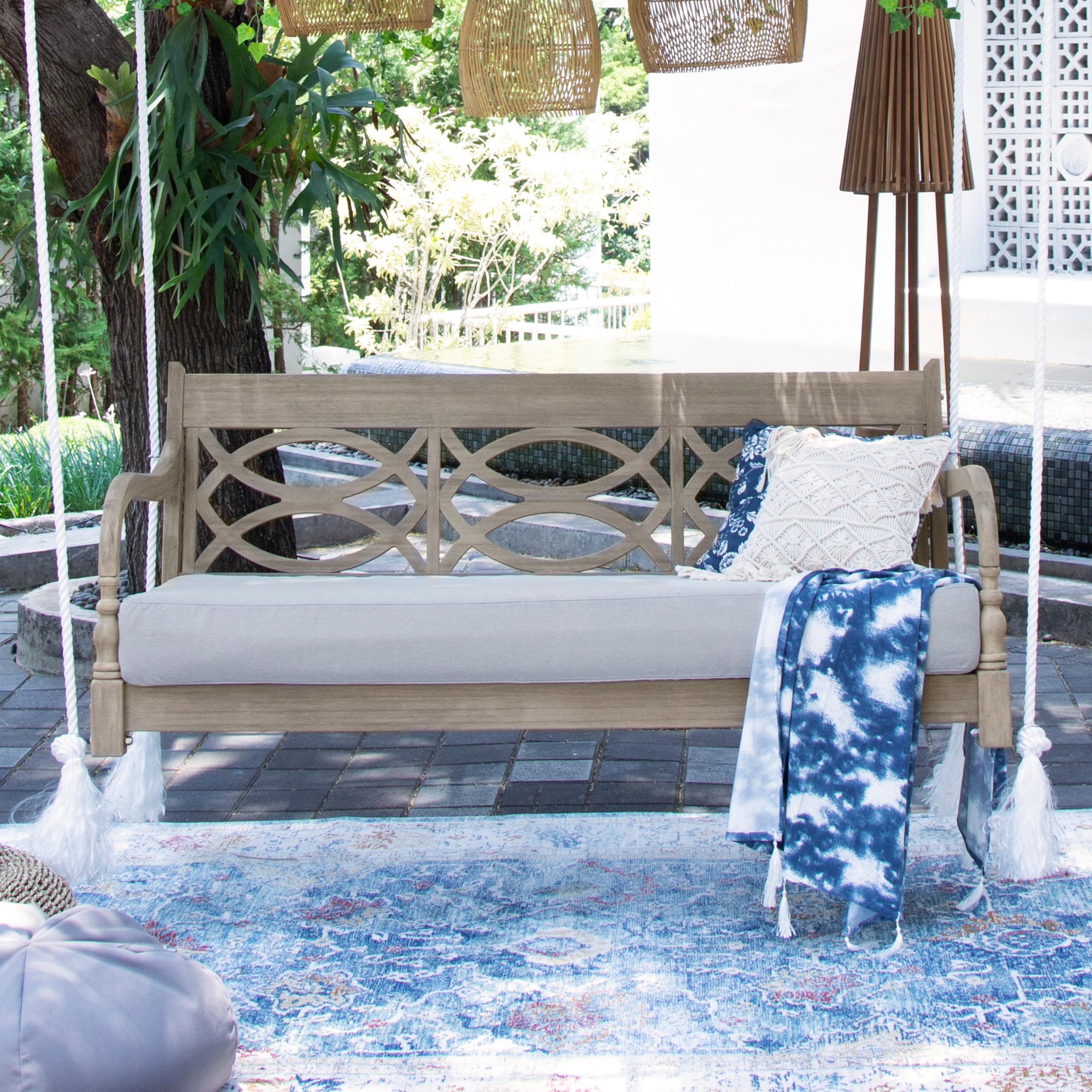 Casual Renley Mahogany Wood Lime Wash Porch Swing Bed, Outdoor