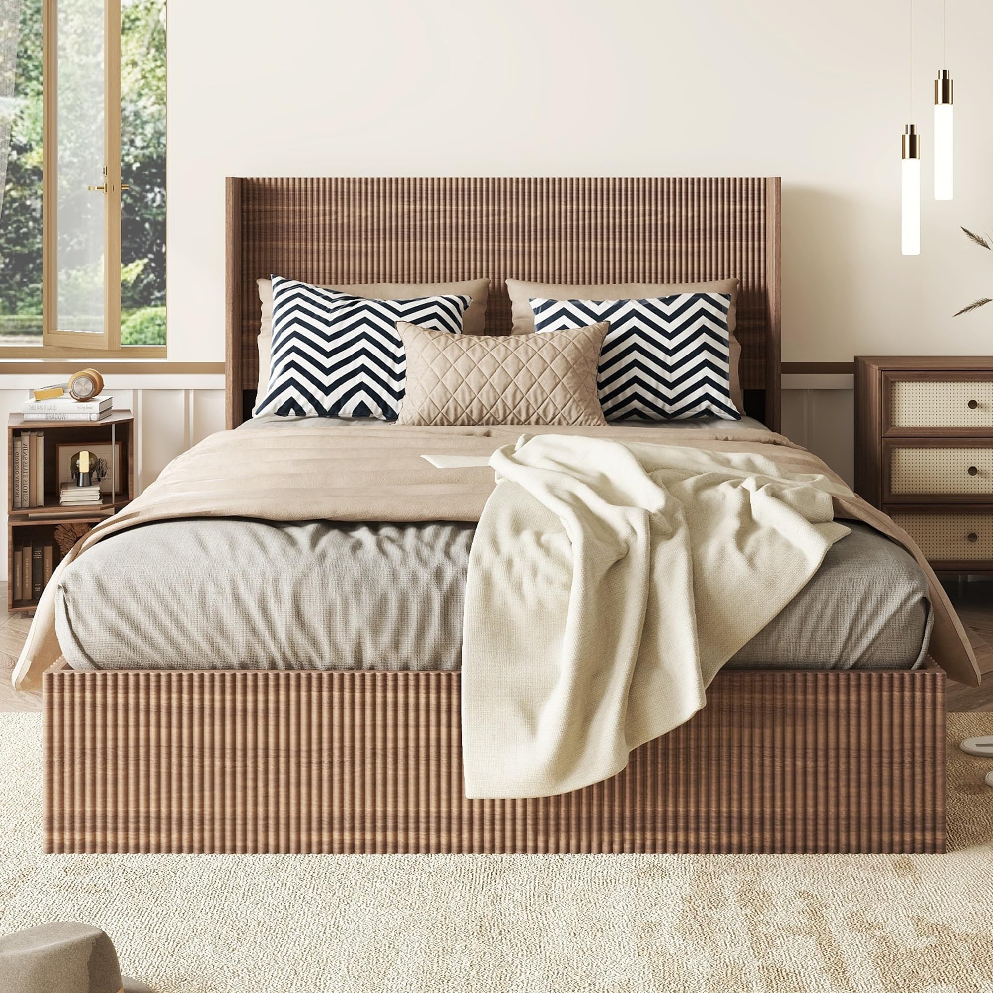Lift Up Storage Bed Queen Size, Queen Bed Frame with Headboard and Lift Storage System, Wood Headboard with Wing-Back and Convex Groove Board Design