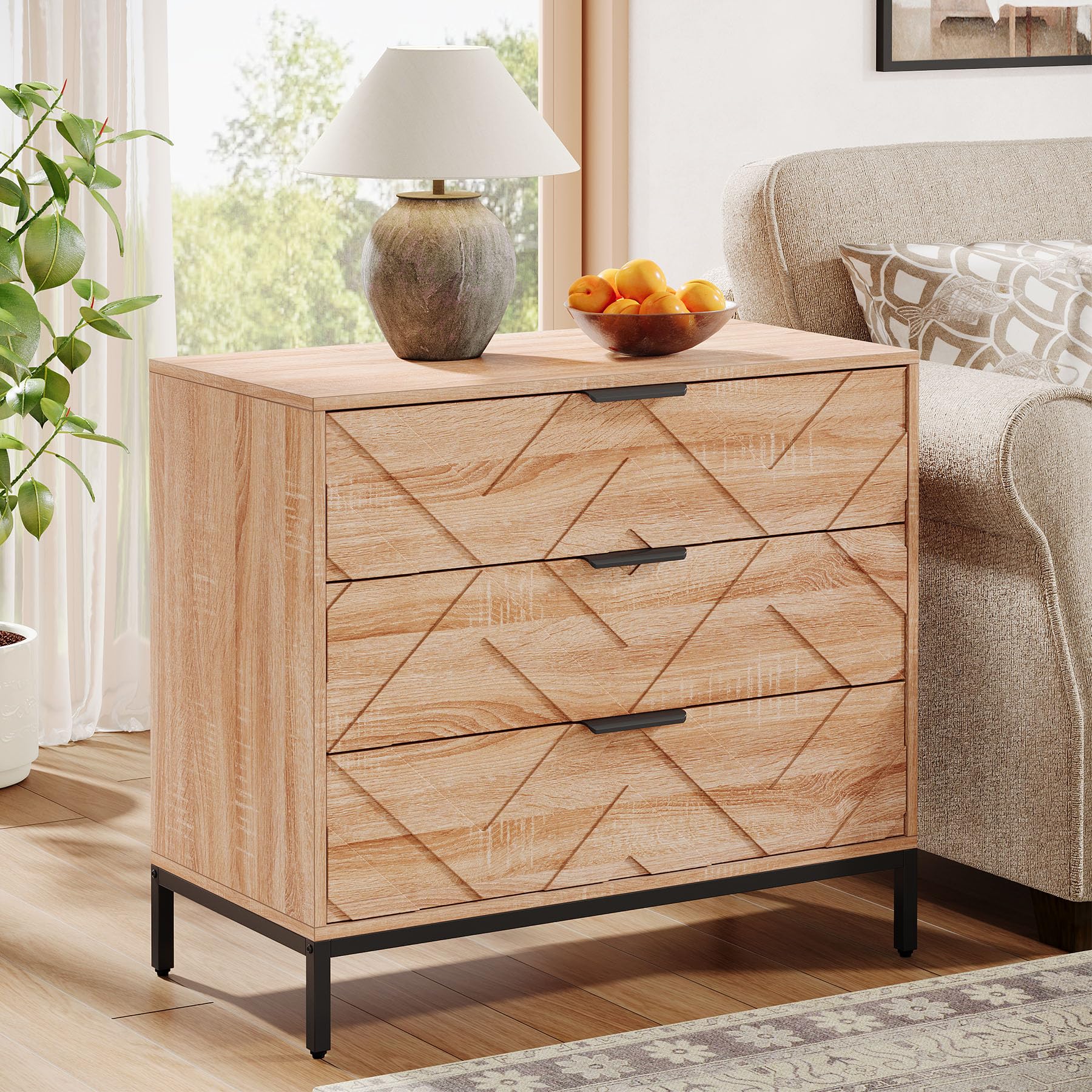 Wooden Nightstand with 3 Drawers, 31" Wide Night Stand with Metal Legs