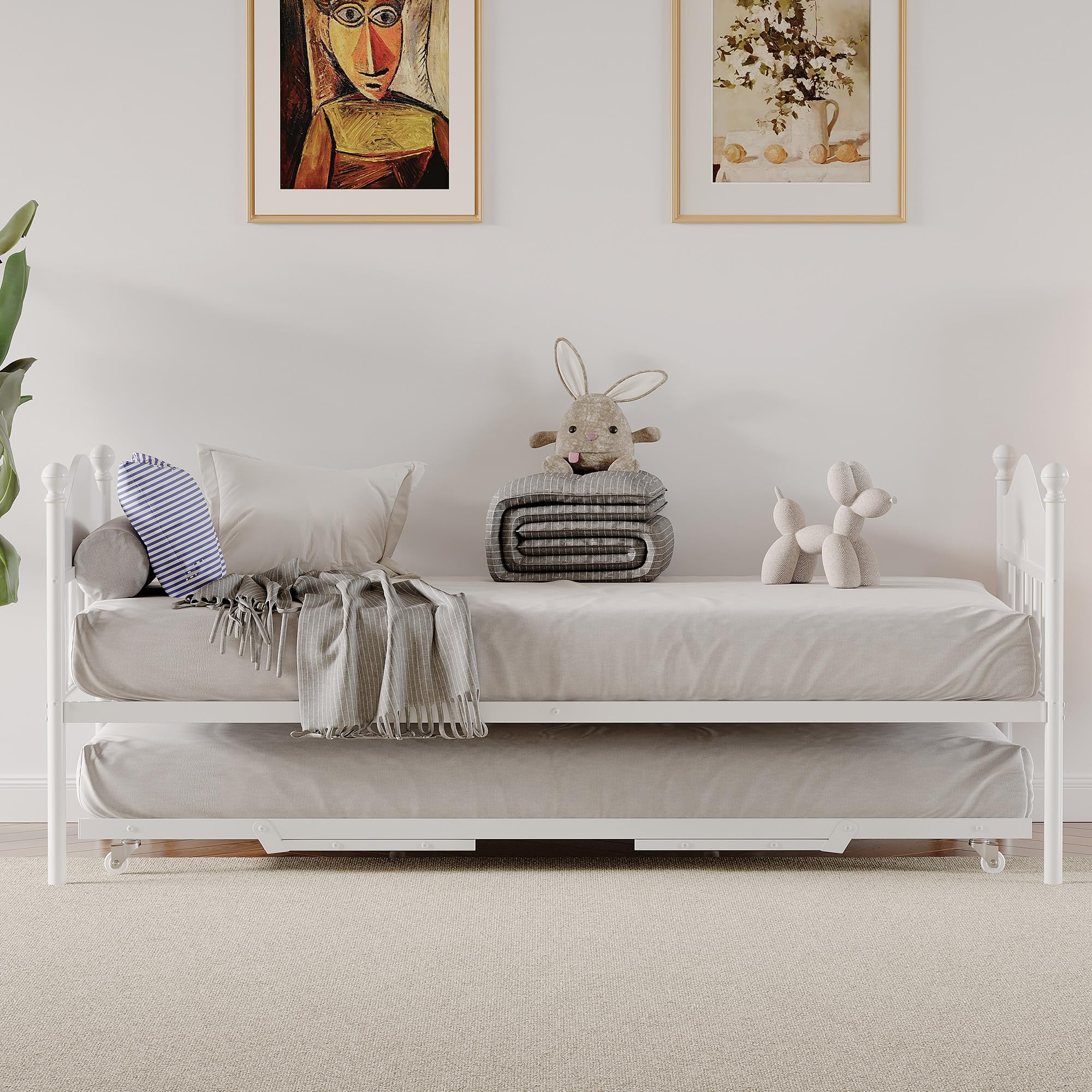 Daybed with Trundle, Metal Twin Bed Frame with Pop Up Foldable