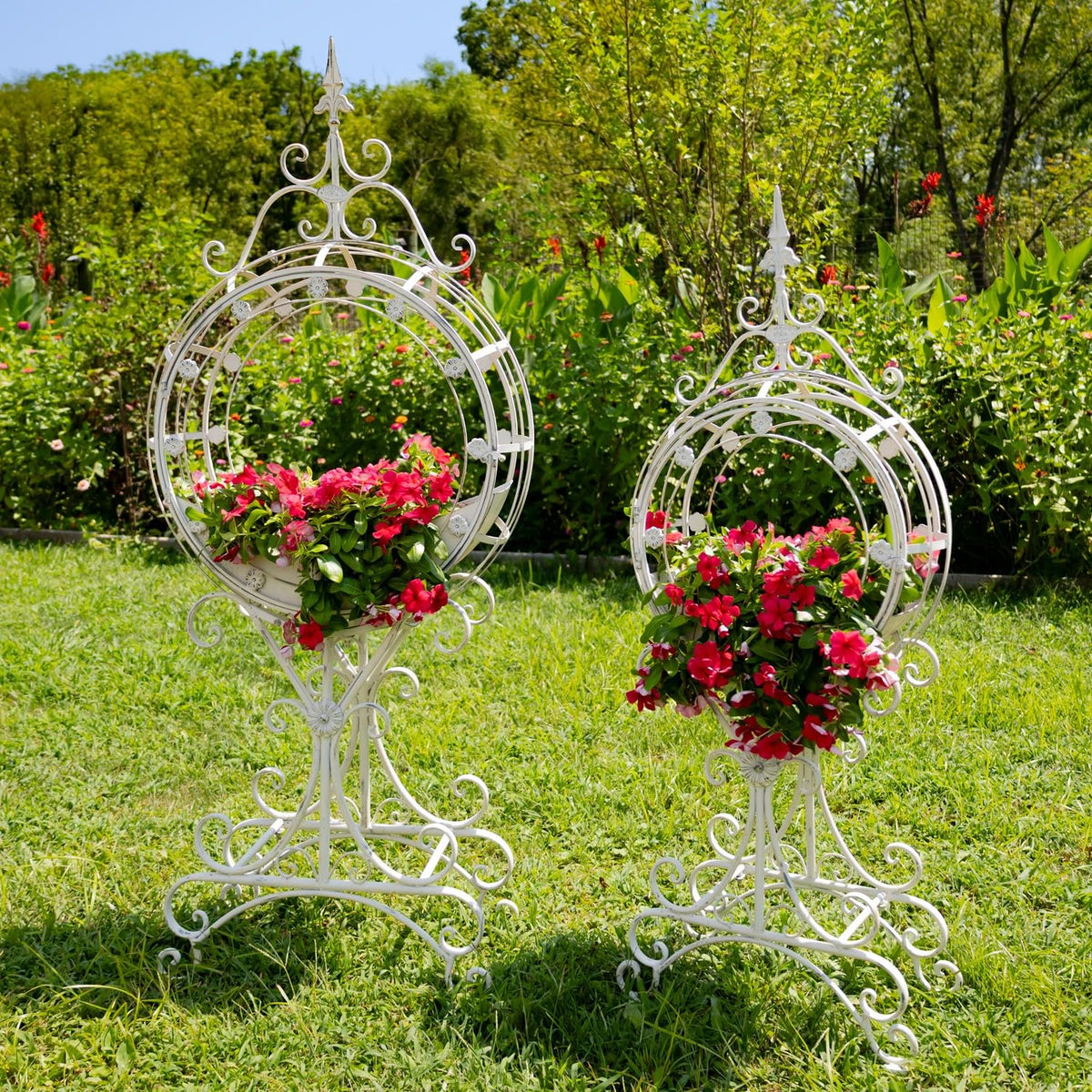 Set of 2 Tall Round Metal Planters with Removable Trays