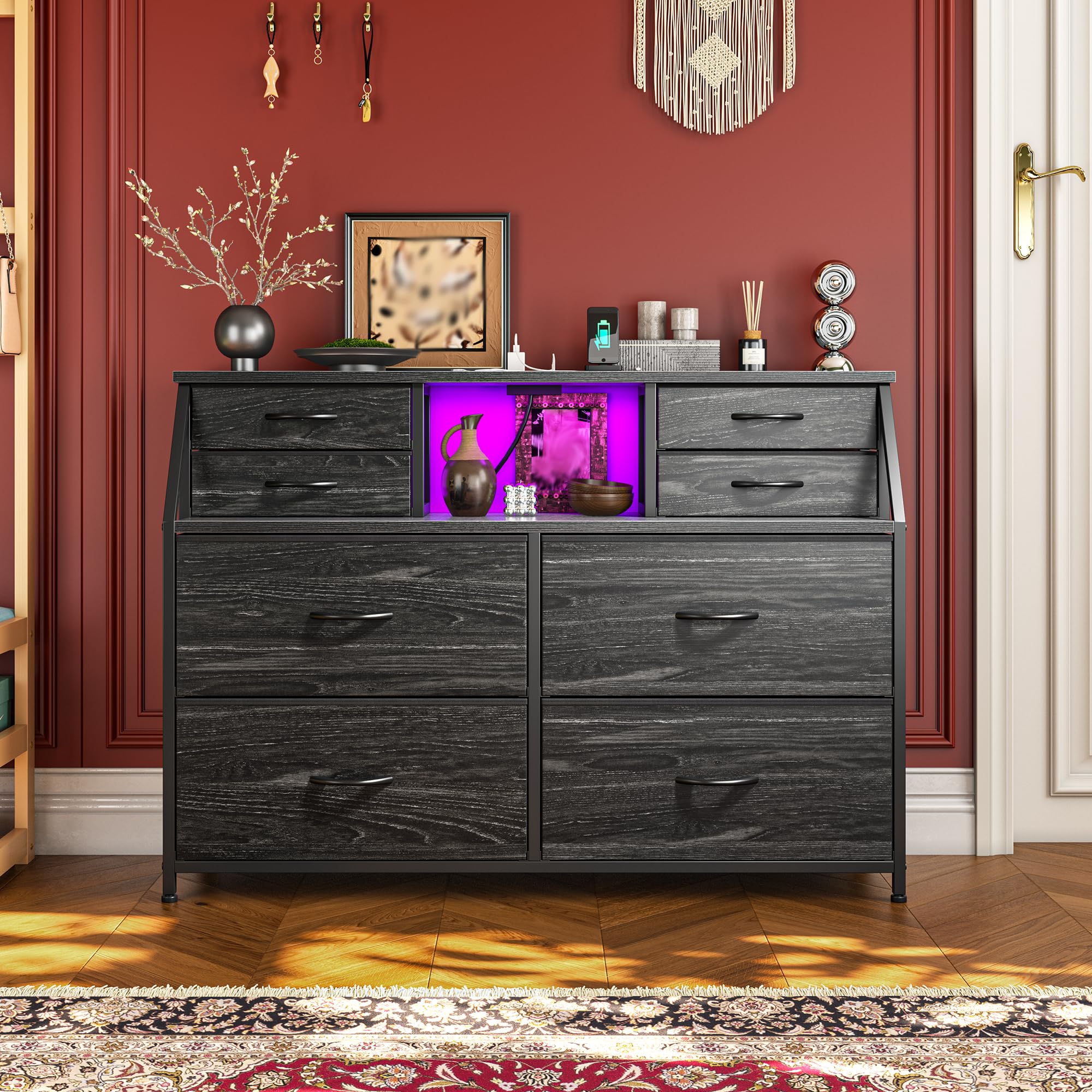 Dresser for Bedroom with Power Strip & LED, 8 Drawers Dresser