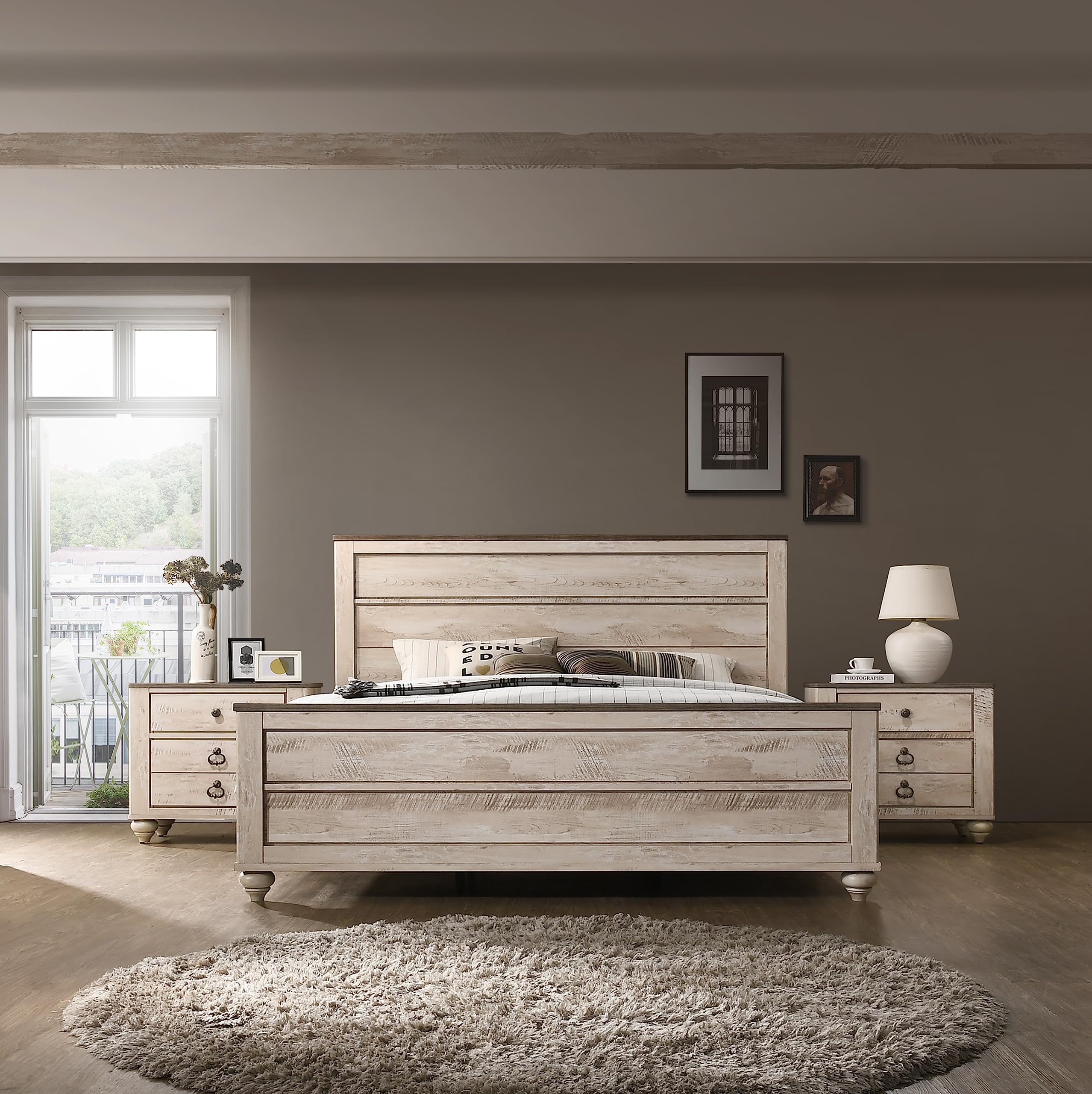 Imerland Contemporary White Wash Finish 3-Piece Bedroom Set-King Bed