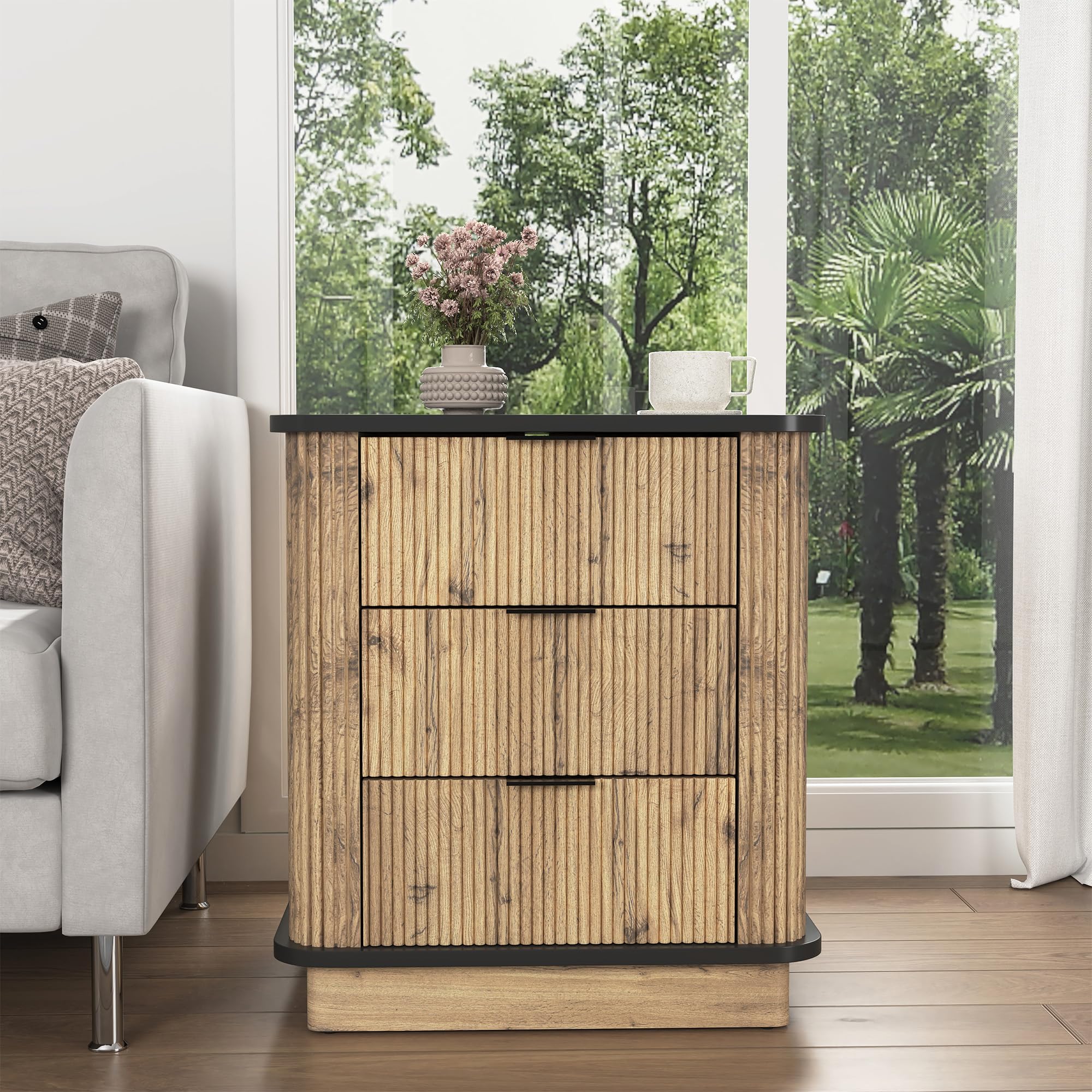 Fluted Nightstand,19" Wide Side Table with 3 Storage Drawers