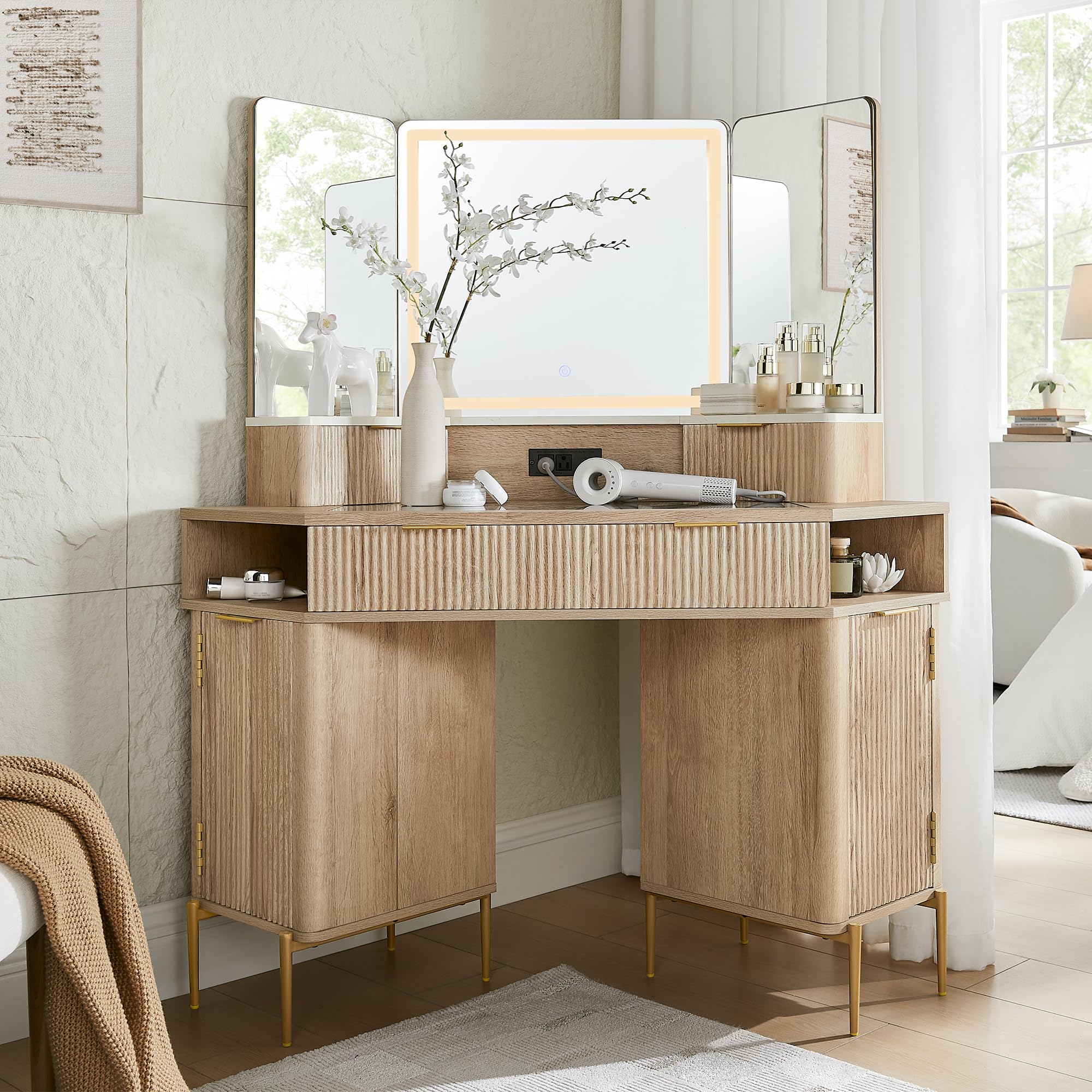 Fluted Makeup Vanity Desk with HD Triple Mirror and Light