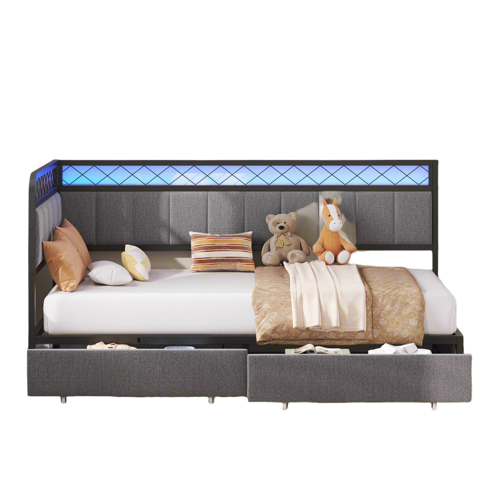 Twin Corner Bed Frame with 2 Storage Drawers, Daybed with LED Lights