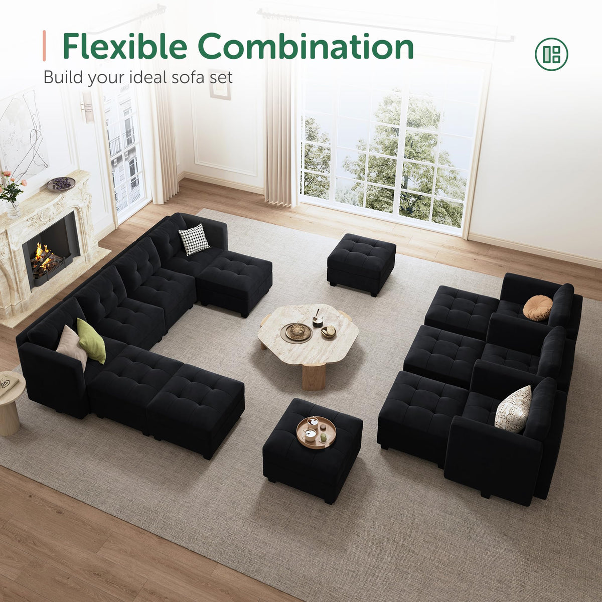 Velvet Storage Ottoman Module – Tufted, Modular, Black