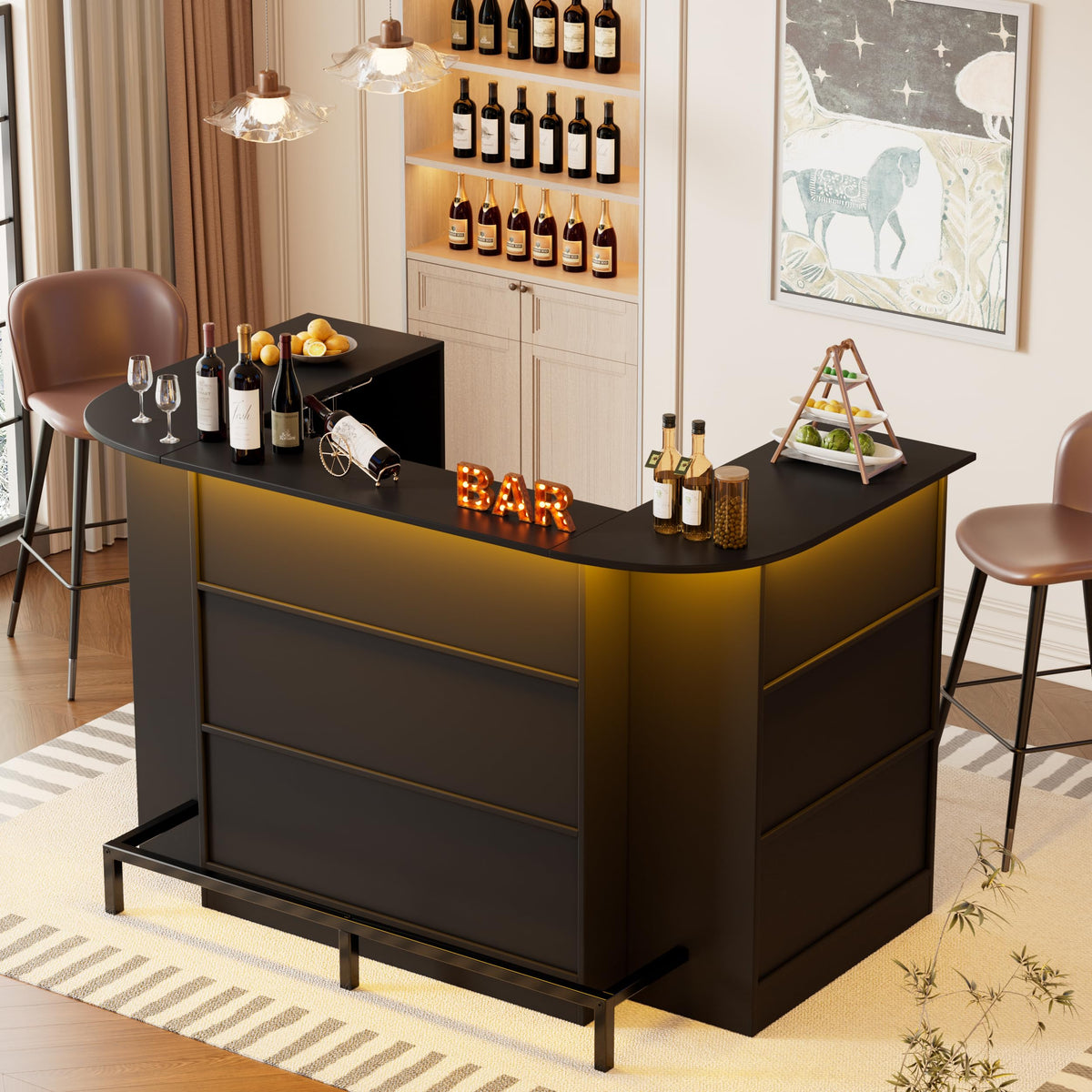 U-Shaped Home Bar Cabinet with LED Light & Stemware Holders