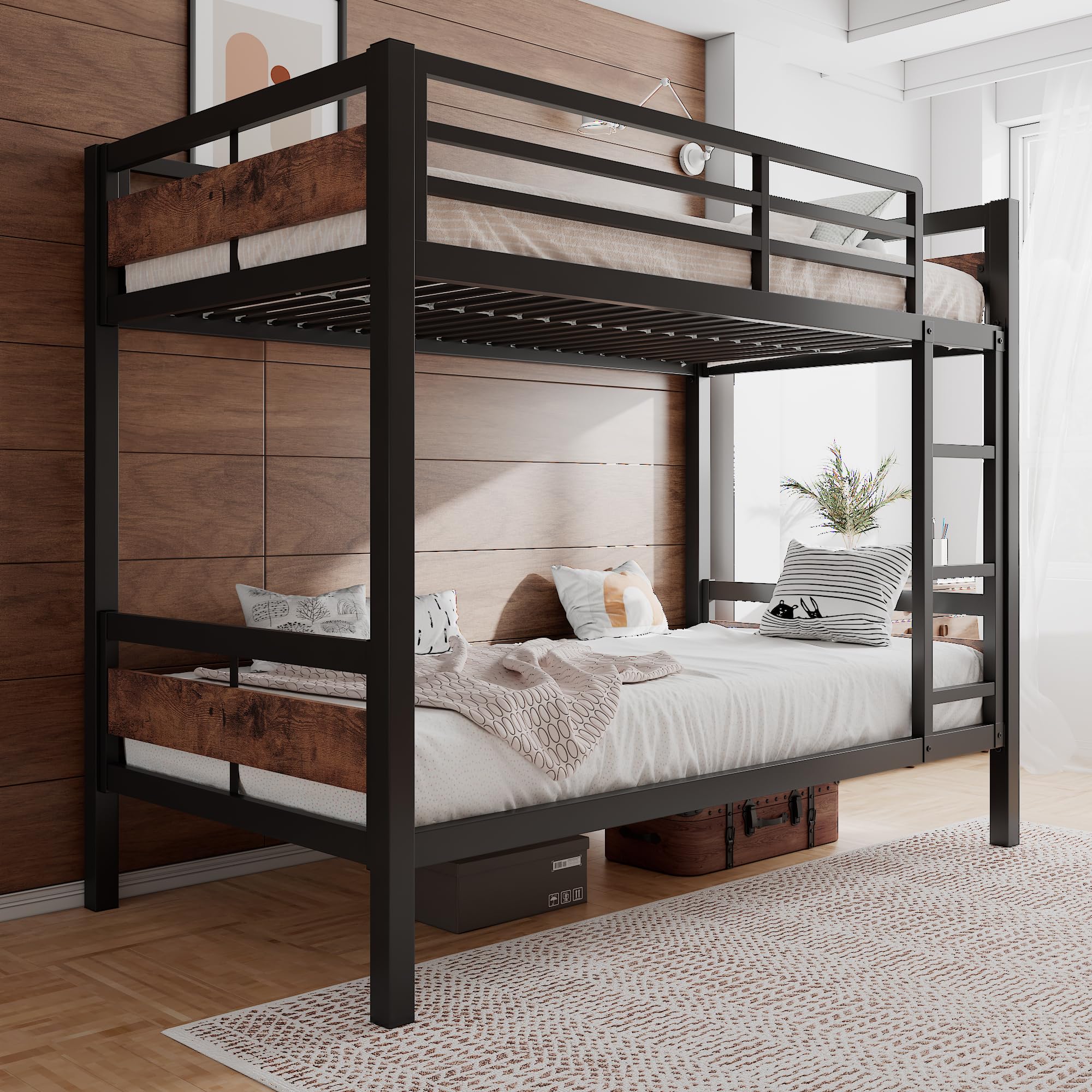 Twin Over Twin, Heavy Duty Metal Bed with Ladder and Full-Length Guardrail