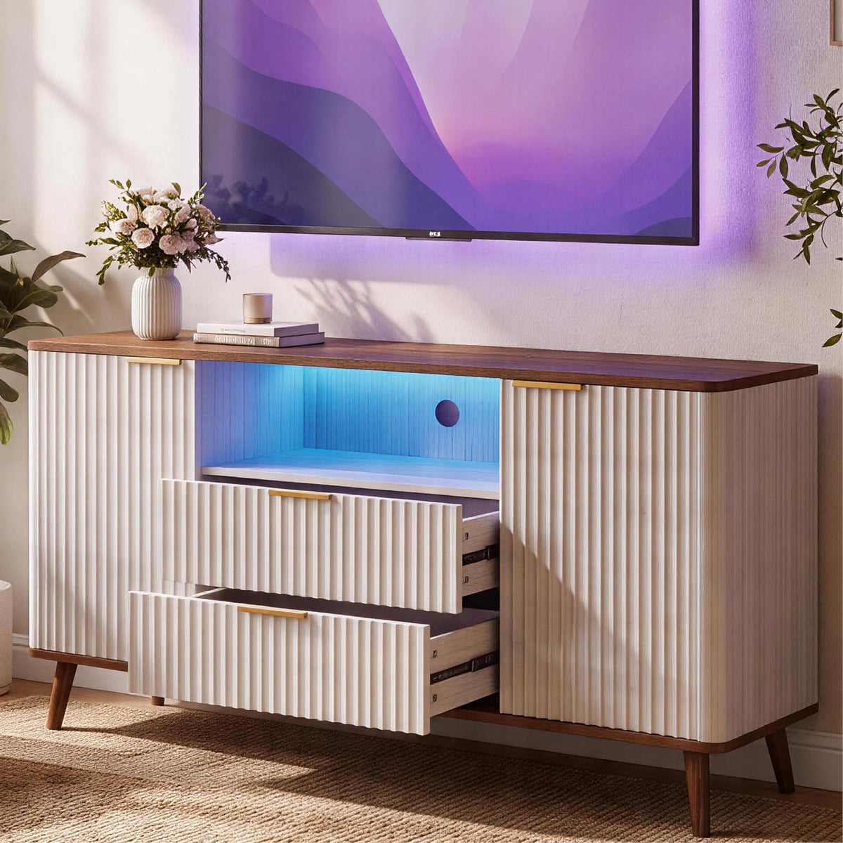 55" Fluted TV Stand with LED Lighting & Storage Cabinets