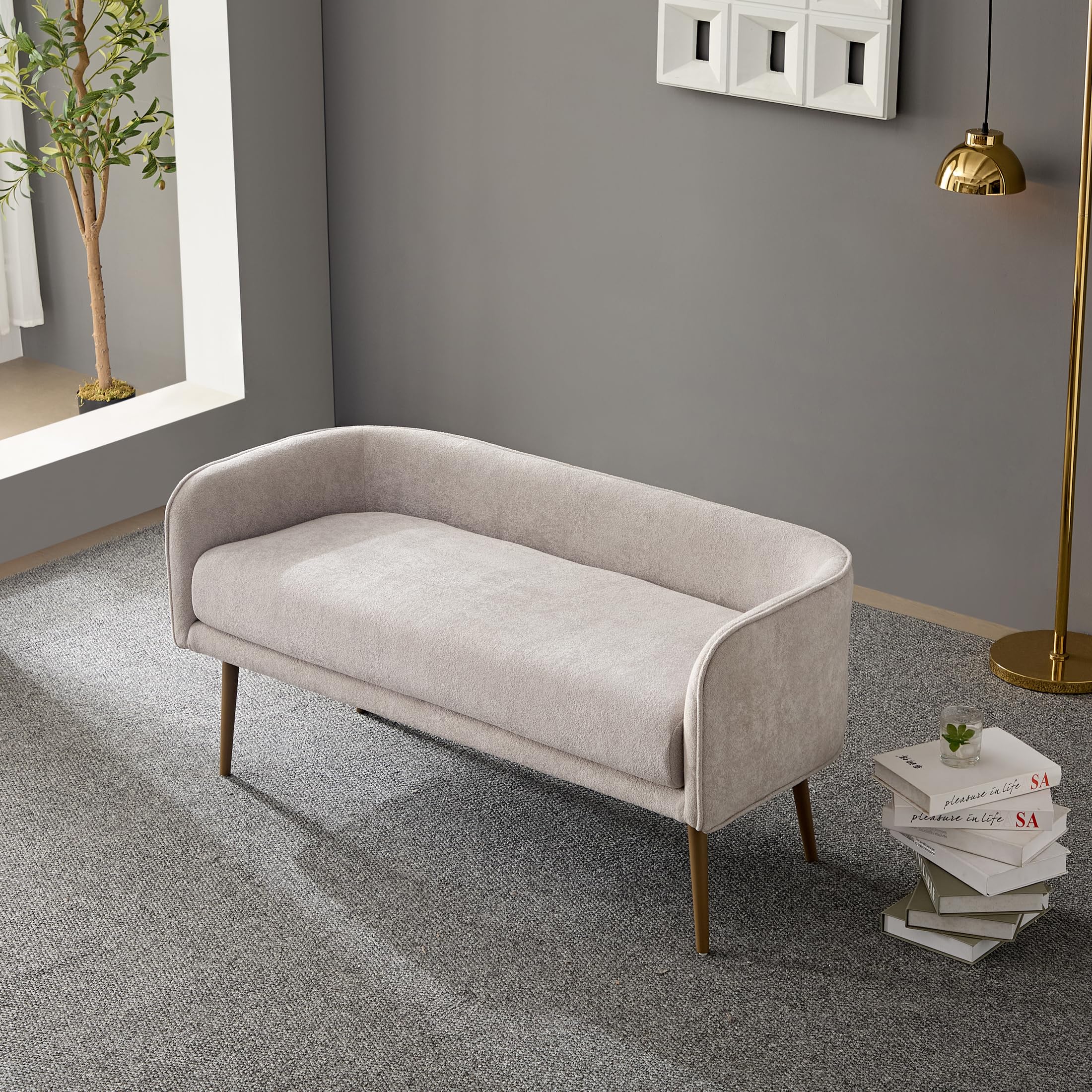 Bedroom Bench with Low Back, Inside Metal Frame, Extra Seat for Living Room