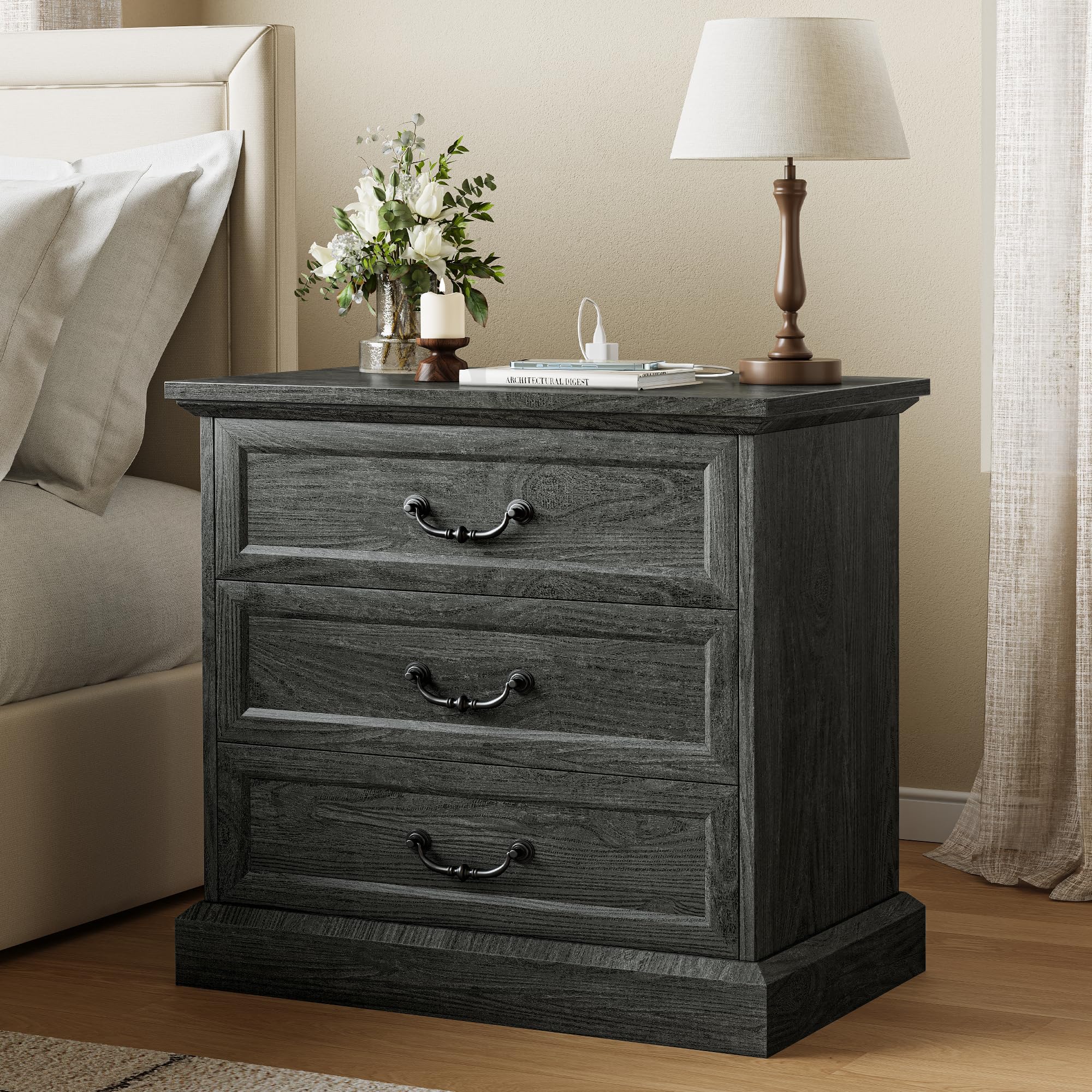 Nightstand with Charging Station, 3 Drawer Night Stand Set of 2