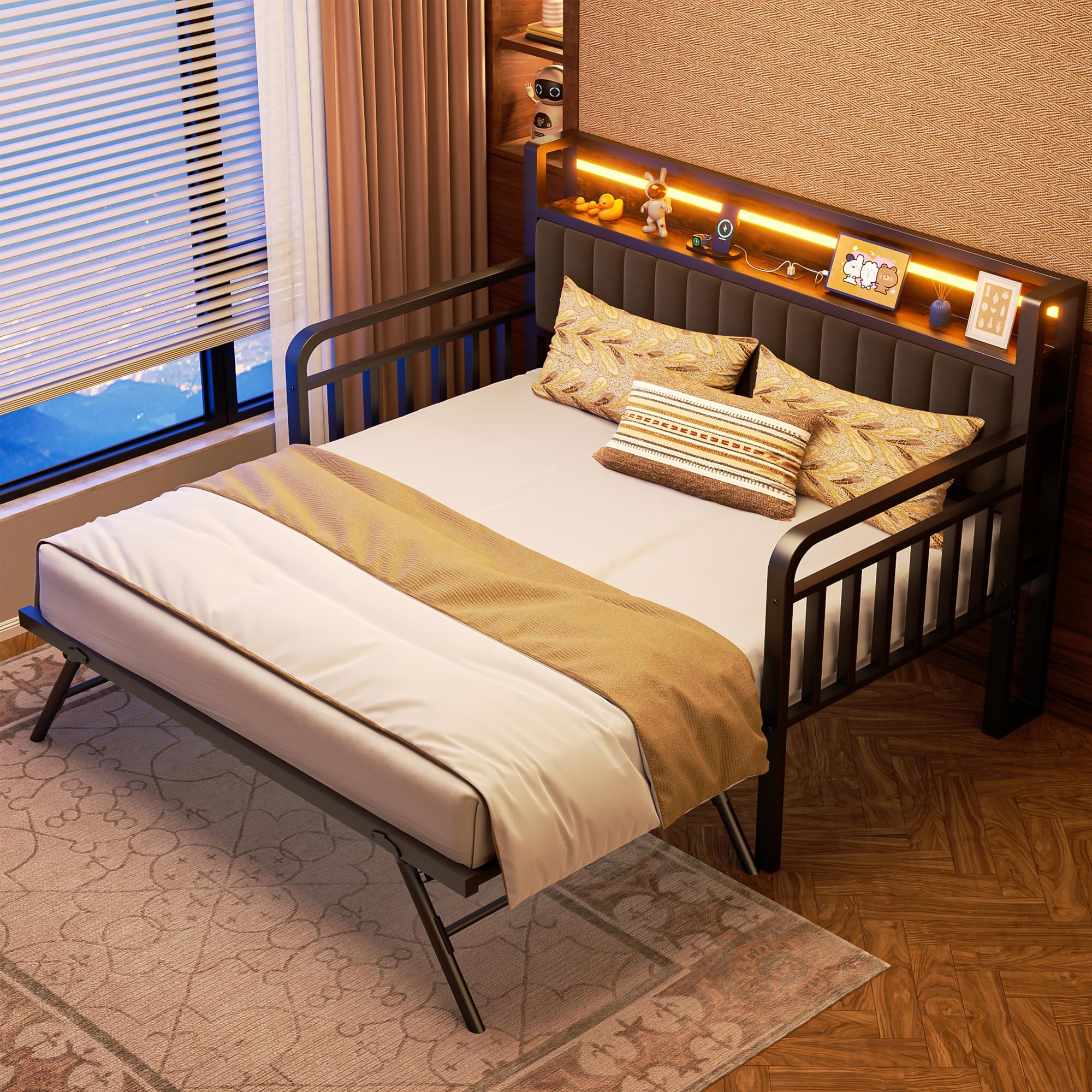Trundle and LED Light, Heavy Duty Metal Twin Bed Frame with Upholstered Storage