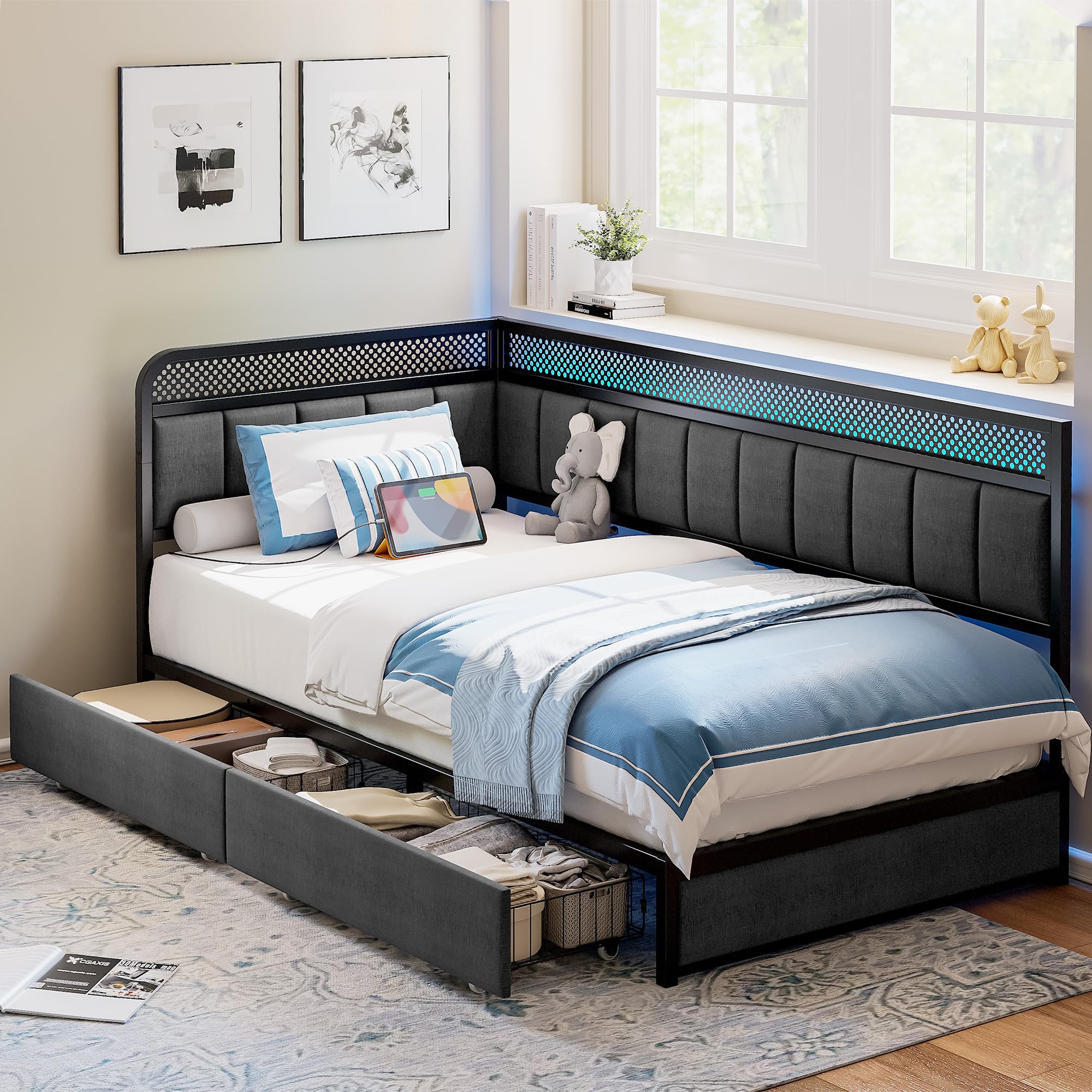 Corner Bed Frame with Storage Drawers and Charging Station
