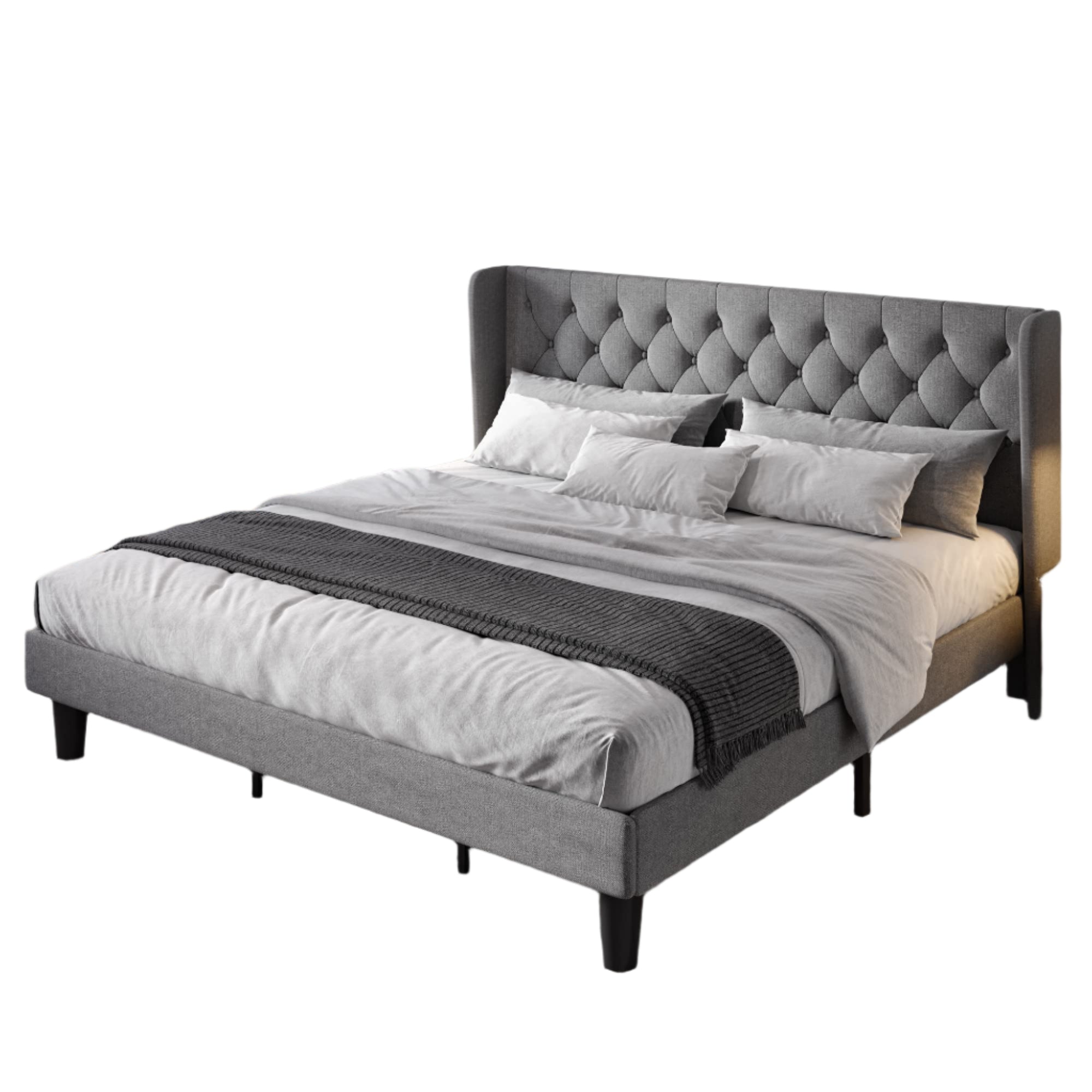 King Size Upholstered Platform Bed Frame with Wingback and Button Tufted
