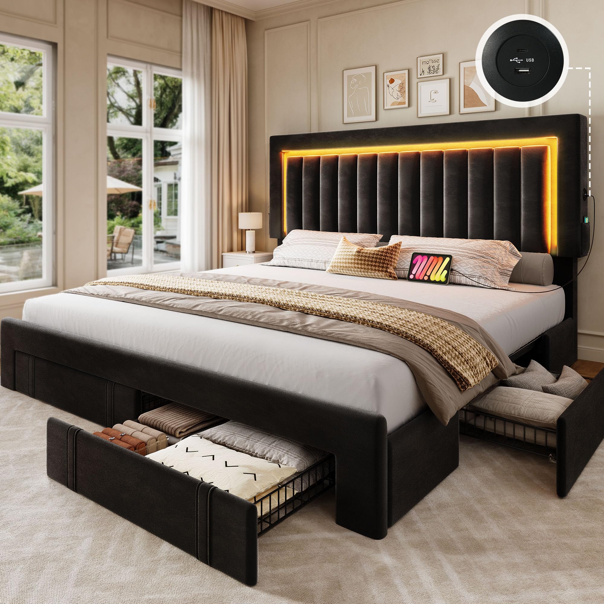 Queen Size Bed Frame with Adjustable Headboard, 4 Storage Drawers and RGB LED Lights