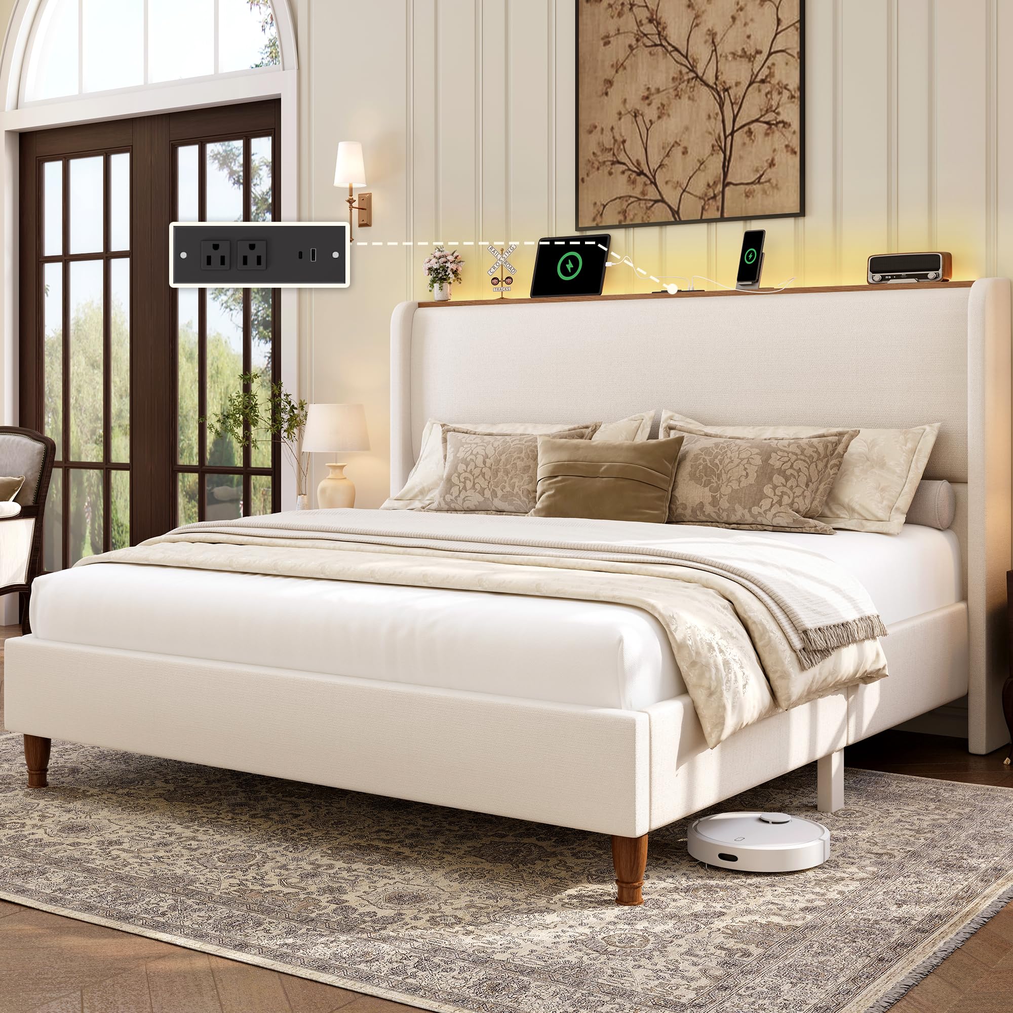 Queen Size Bed Frame with LED Lights and Charging Station Linen Upholstered Platform
