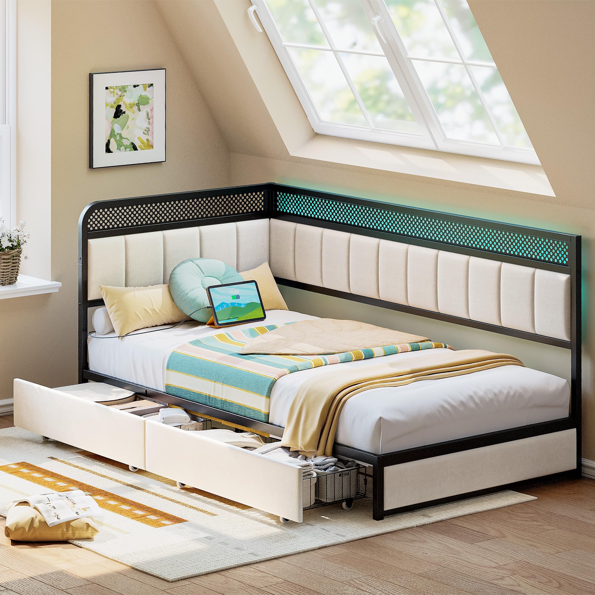 Twin Corner Bed Frame with Storage Drawers and Charging Station