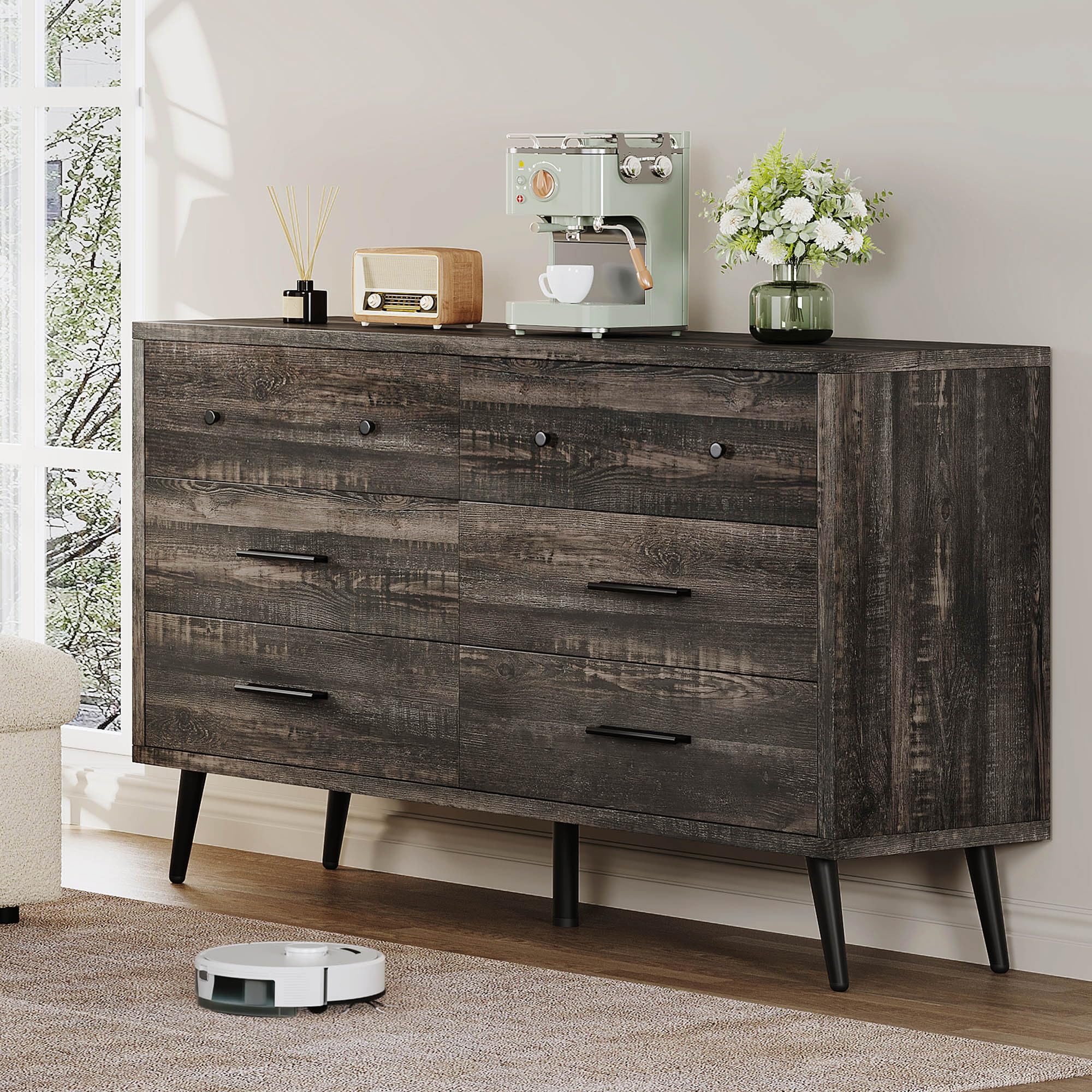 6-Drawer Dresser, Wood Storage Cabinet with Black Metal Handles & Anti-Tip Design