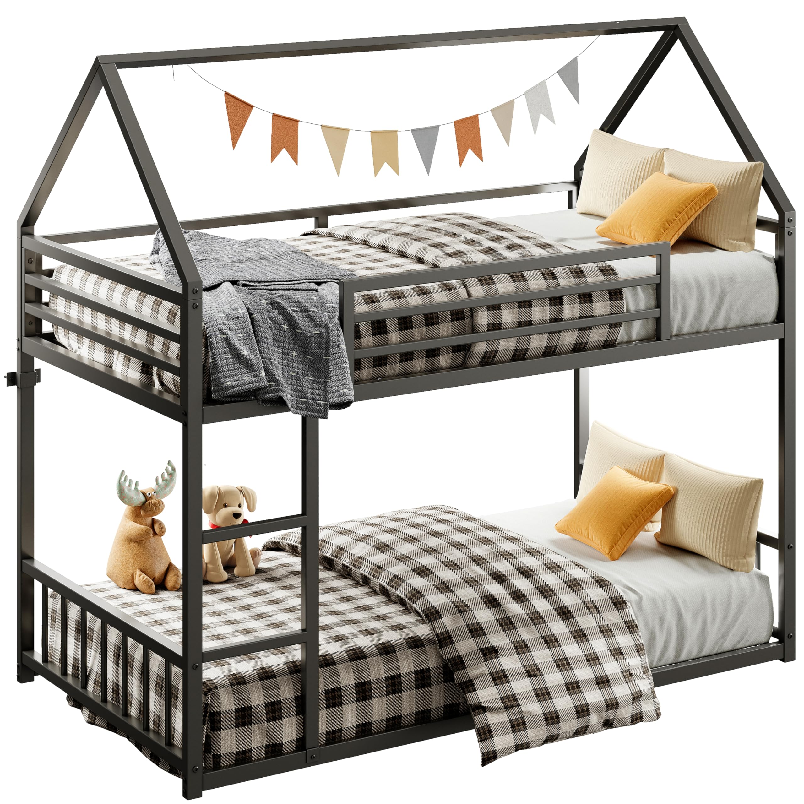 Bunk Bed Twin Over Twin, House Bunk Bed Frame with Ladder