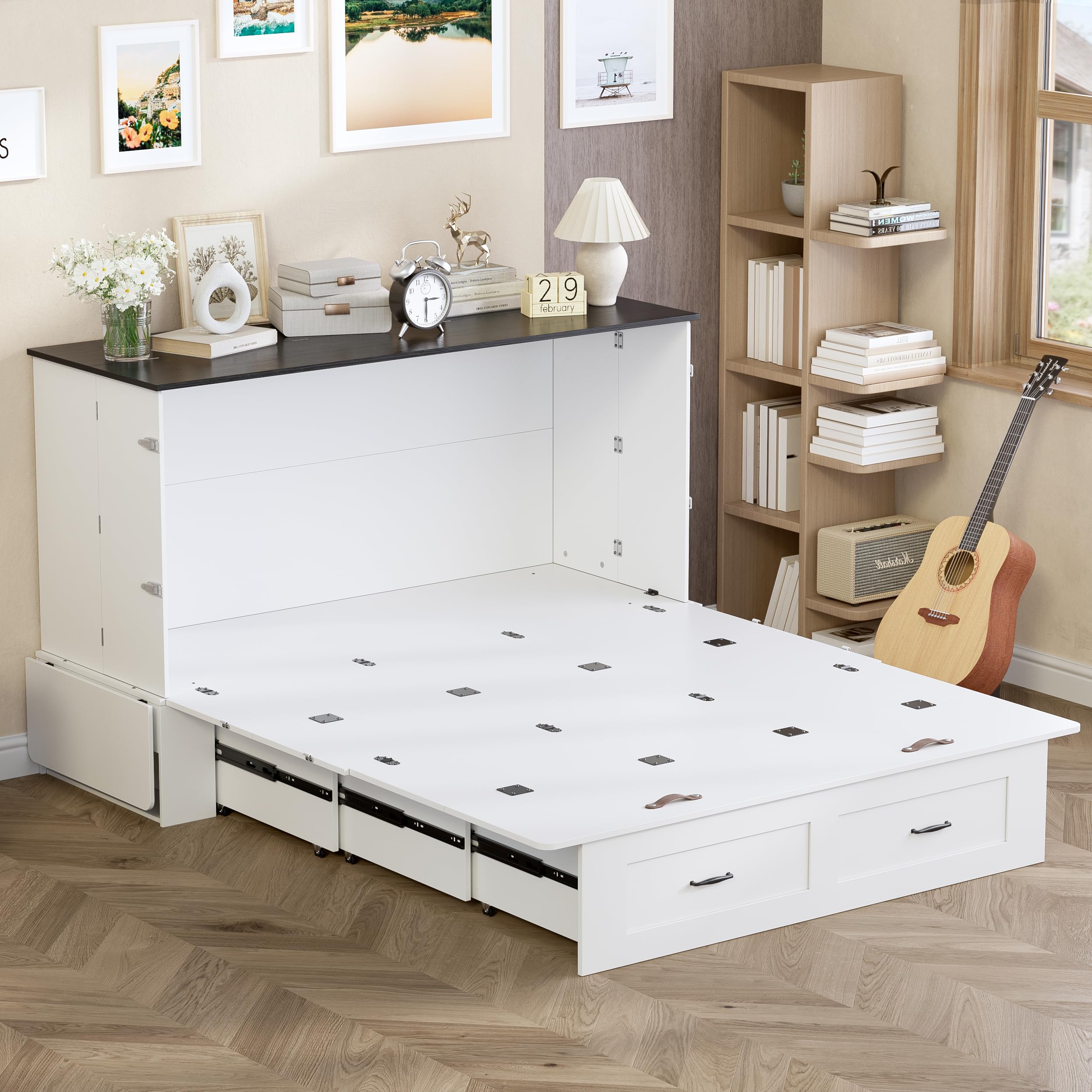 Murphy Bed Queen, Bed Cabinet Frame with Storage & Charging Station