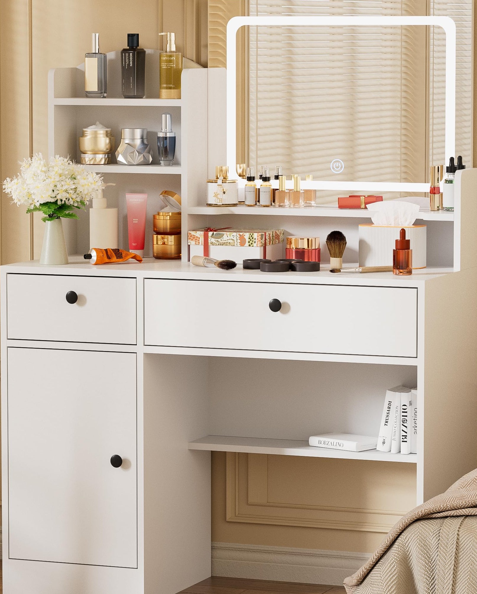 Desk with Mirror and Lights, 3 Lighting Modes Adjustable Brightness, Bedroom
