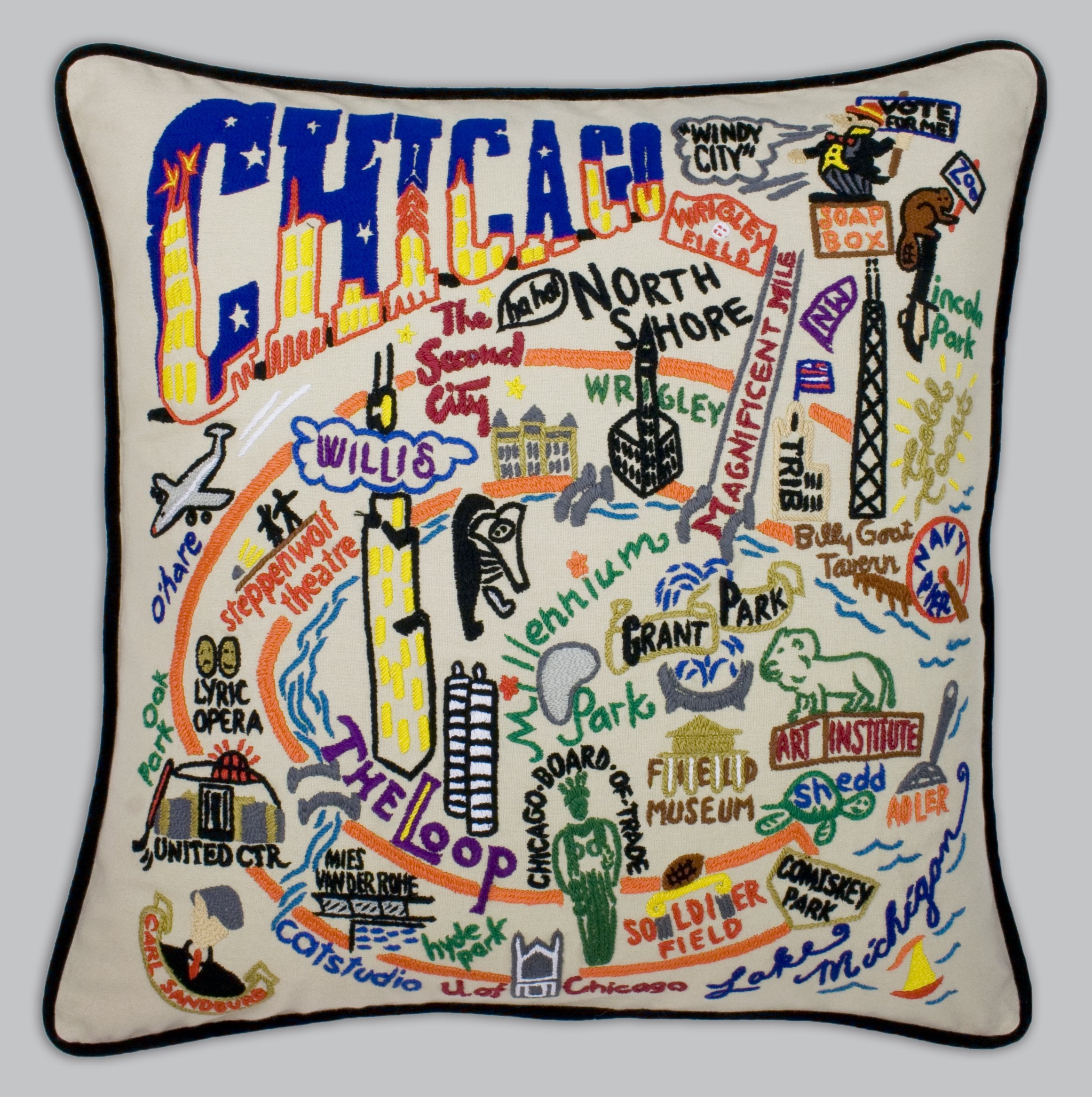 Chicago Embroidered Pillow - U.S. City Souvenir Decorative Throw Pillow
