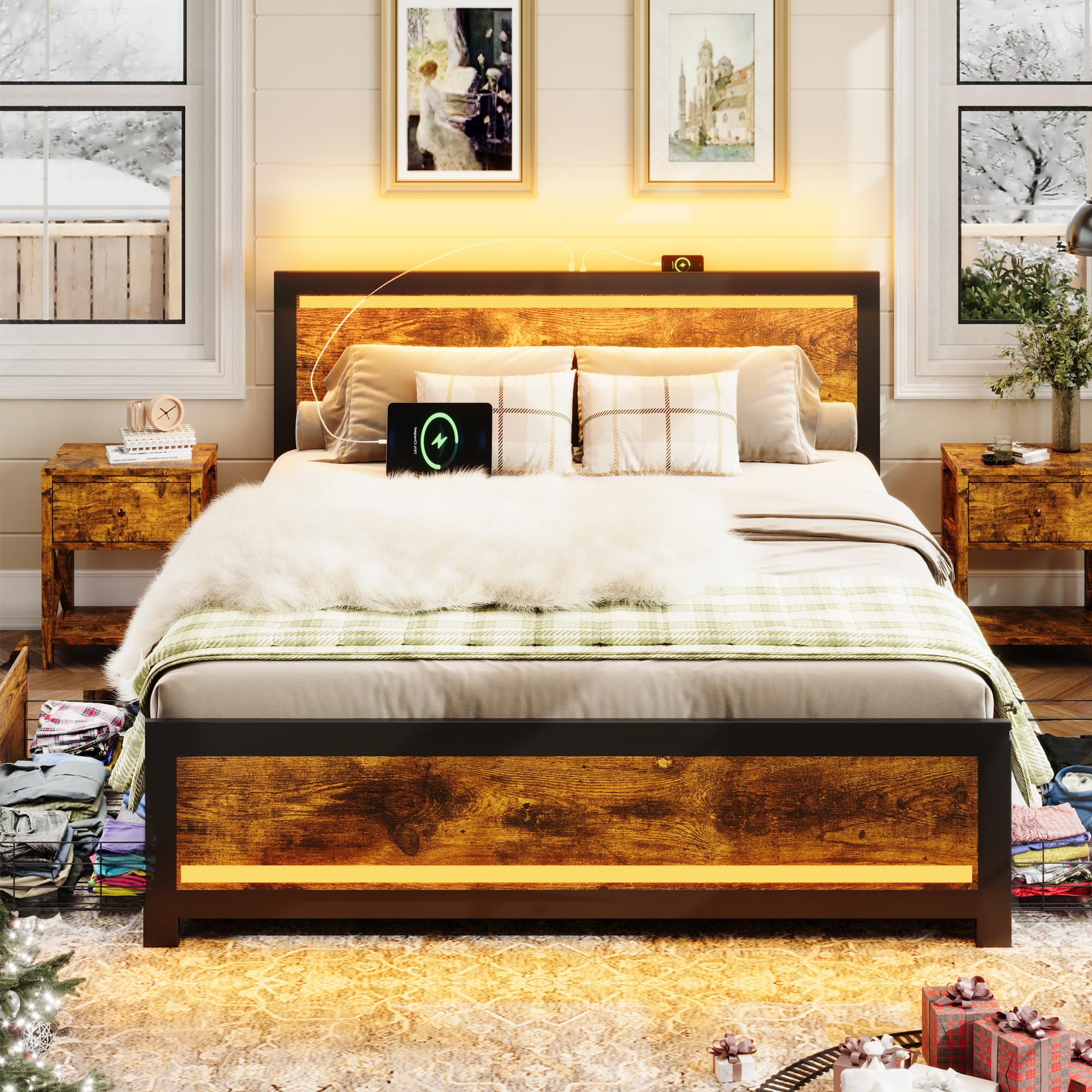Size Bed Frame with 4 Storage Drawers and Headboard