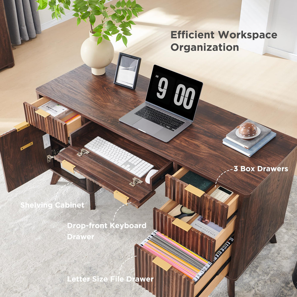 60" Modern Fluted Executive Desk with Charging Station, Drawers & Keyboard Tray