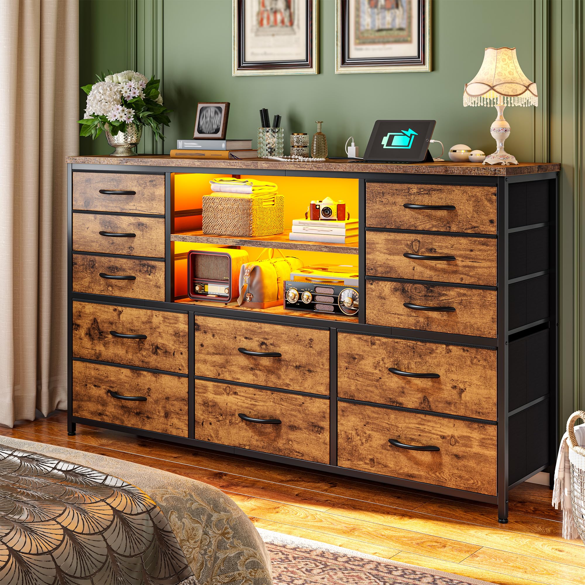 Dresser with Charging Station & LED Lights, Chest of Drawers with 12 Drawers for 55" TV