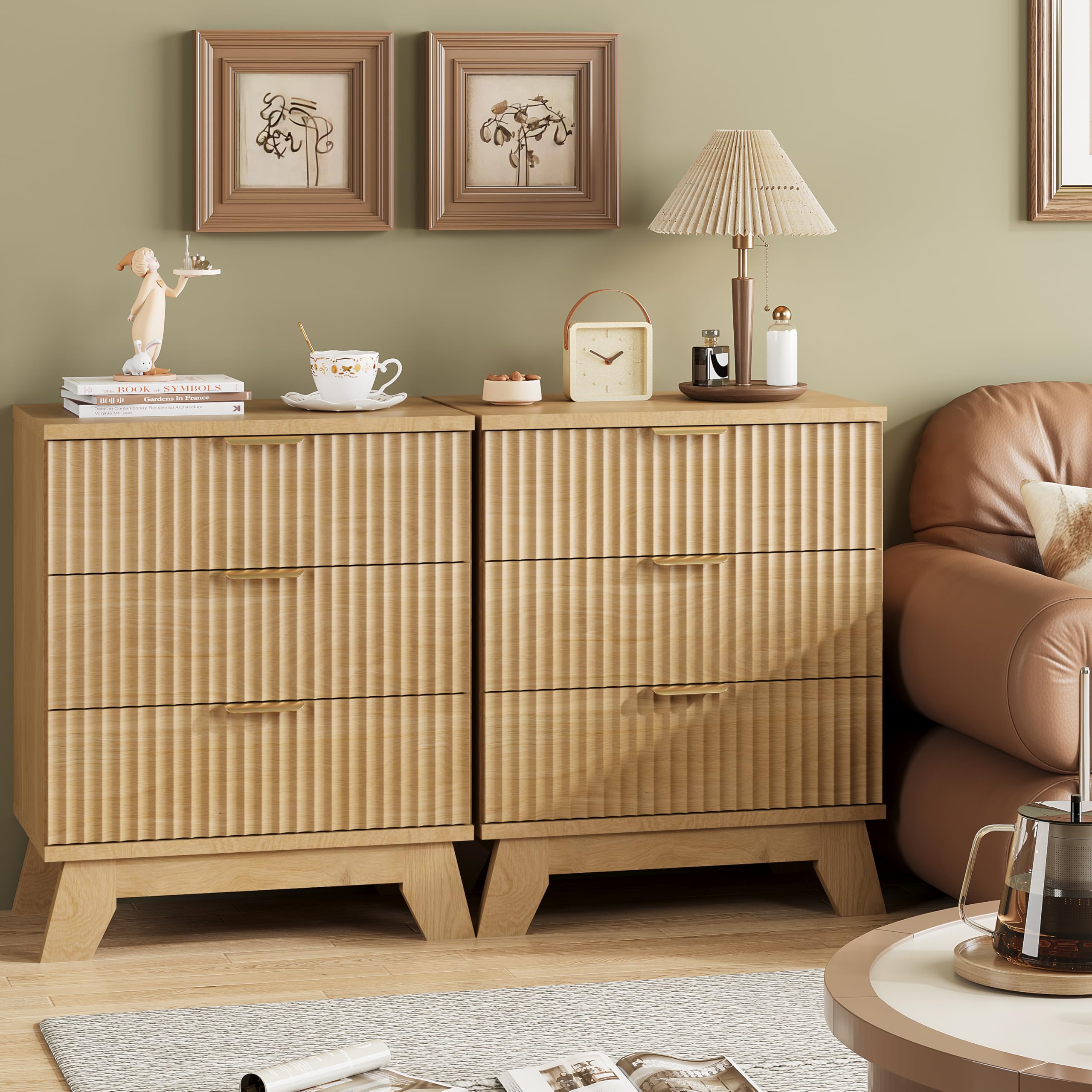 Fluted Nightstand, 24" Wide Side Table with 3 Large Storage Drawers