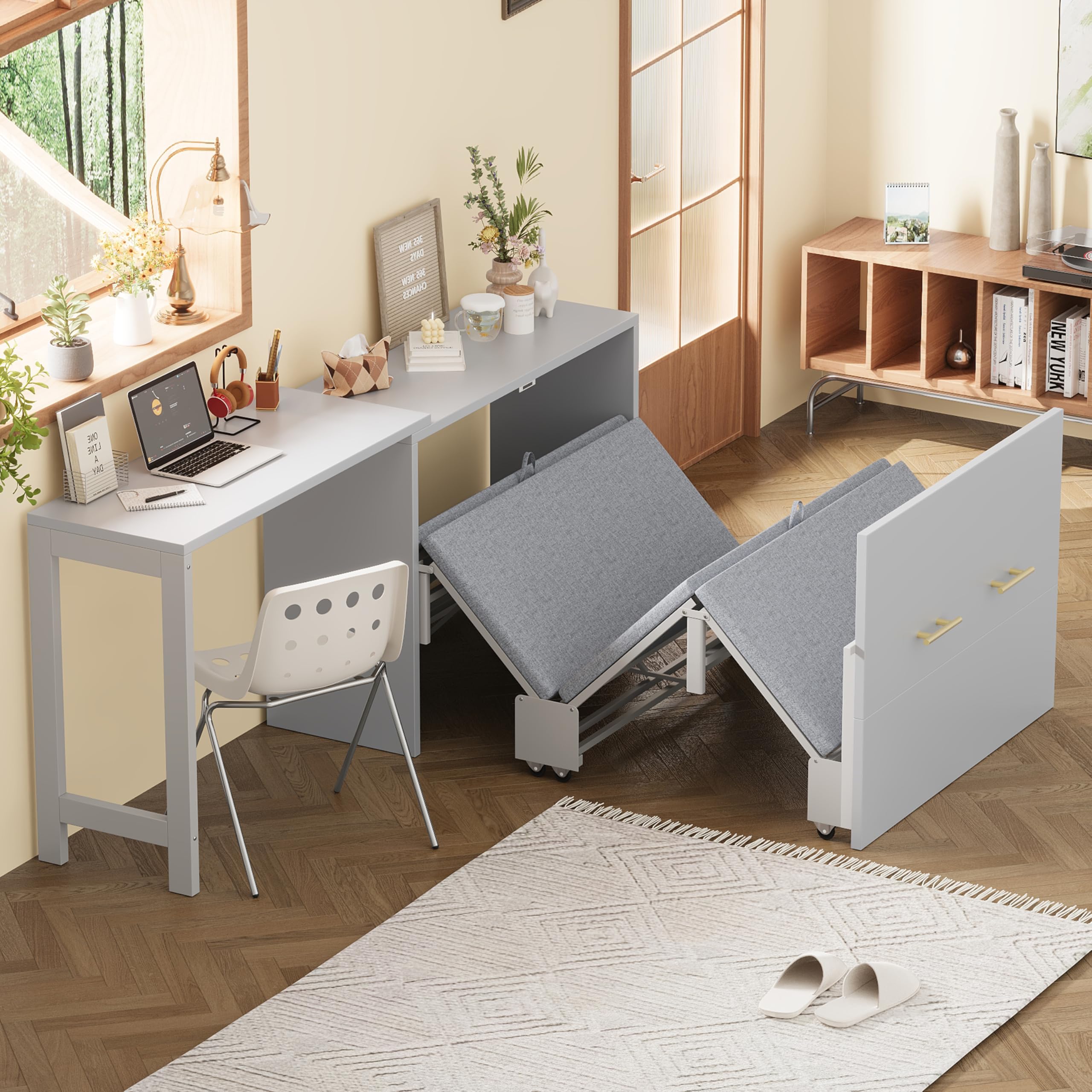 Modern Twin Size Murphy Cabinet Bed with Adjustable Position Desk