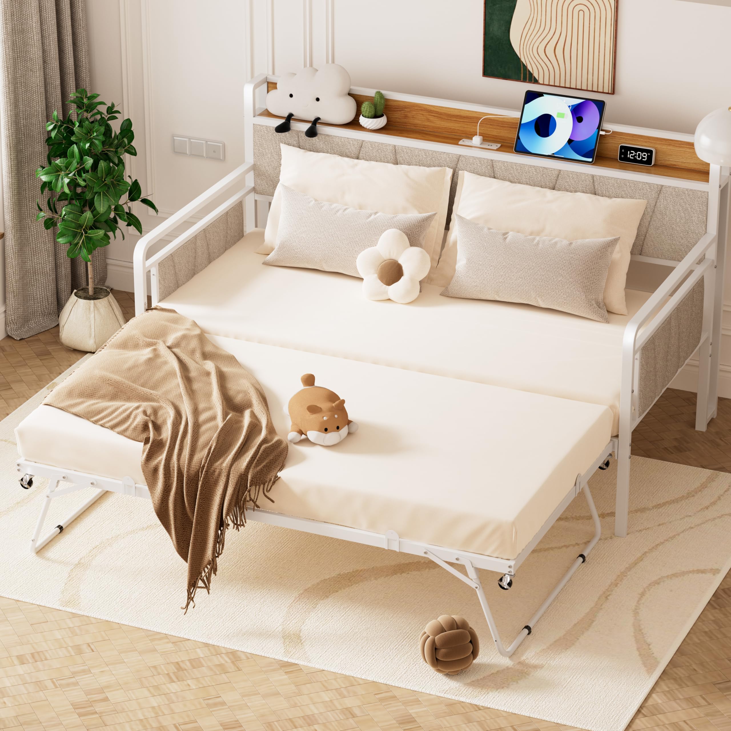 Twin Daybed with Storage, Velvet Upholstered Daybed with Vertical Channel