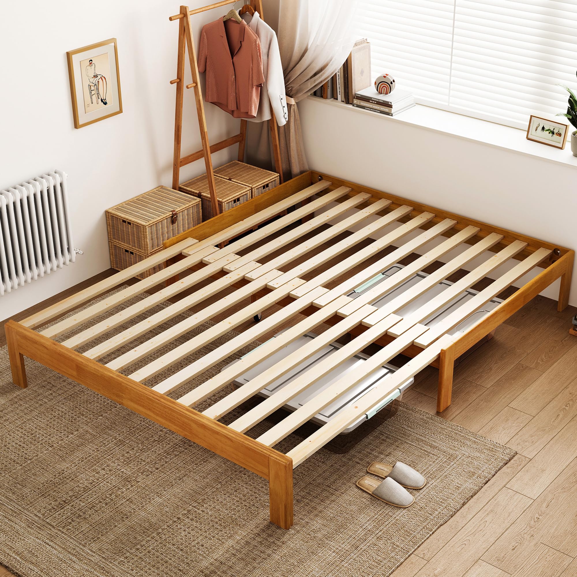 Wood Bed Frame Full Platform Bed, Retractable Full-Size Bedframe