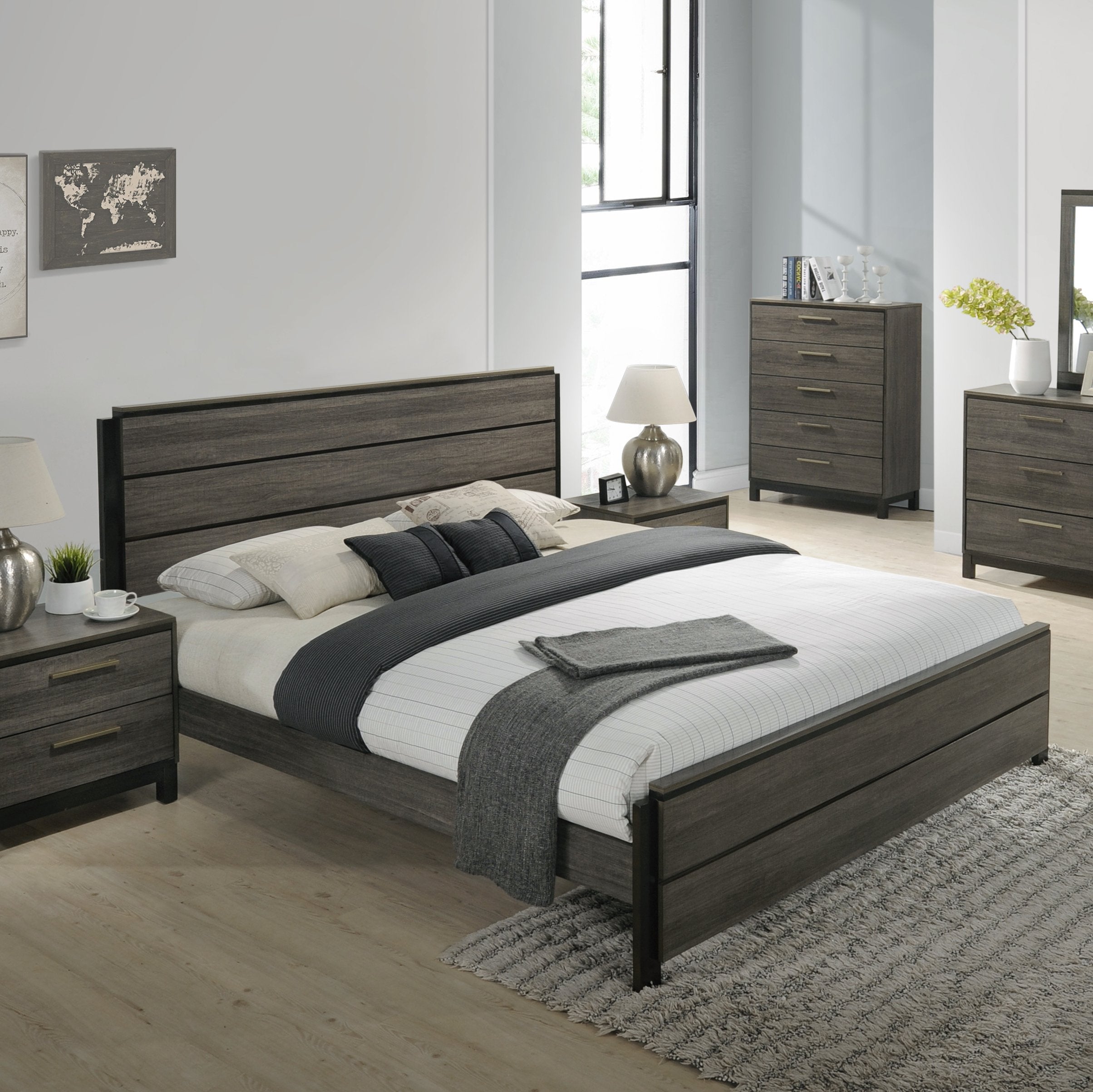 Ioana 187 Antique Grey Finish Wood Bed Room Set, Queen Size Bed, Dresser