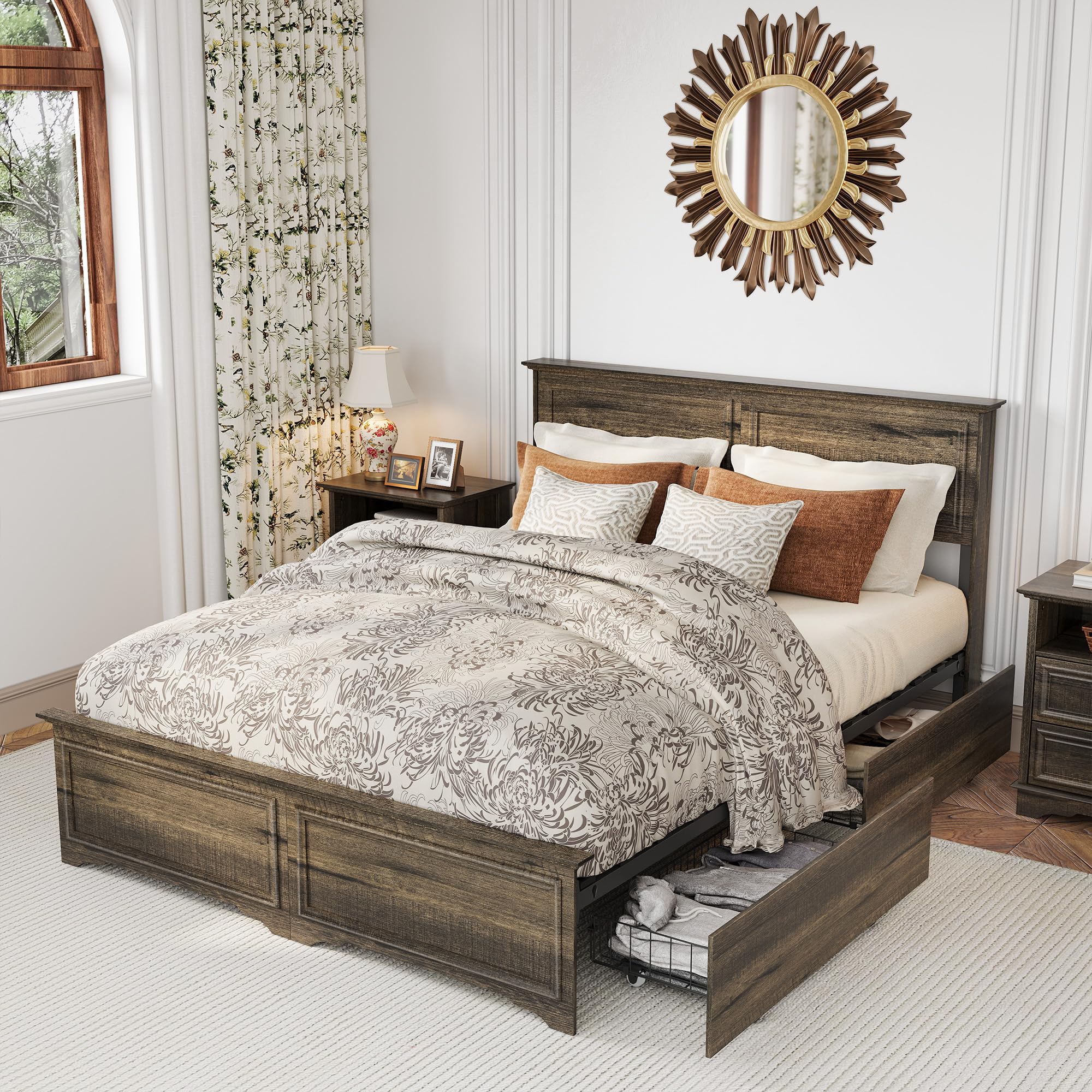 Queen Bed Frame with Headboard & 4 Storage Drawers, No Box Spring Needed Platform