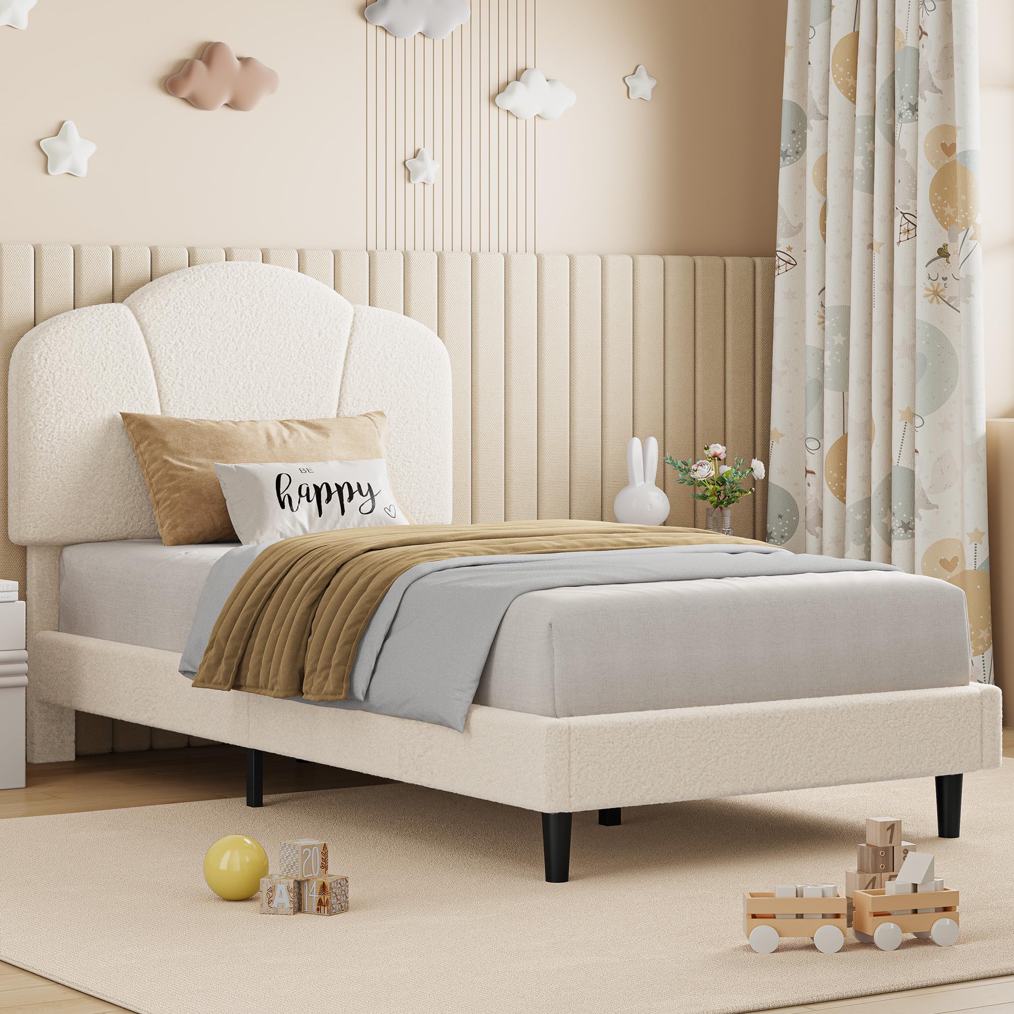 Twin Size Bed Frame, Upholstered Twin Platform Bed with Headboard Lamb Velvet